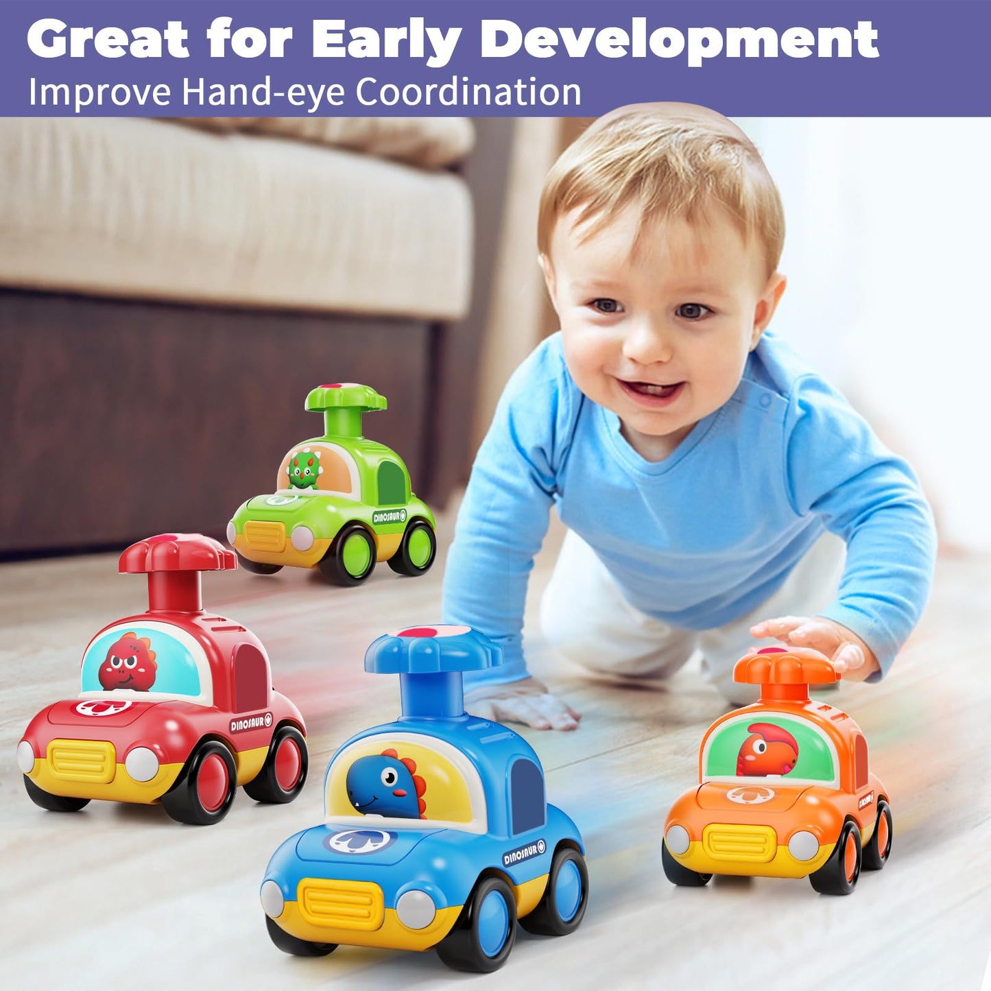 MOONTOY Press Go Dinosaur Toy Cars for Toddlers 1-3 Baby Toys for 1 2 Year Old Boy 1st Birthday Girl Gifts 6-9-12-18 Months Push Car Truck Toddler Boy Toys 1-2 2-3 2-4 Easter Basket Stuffers for Kids