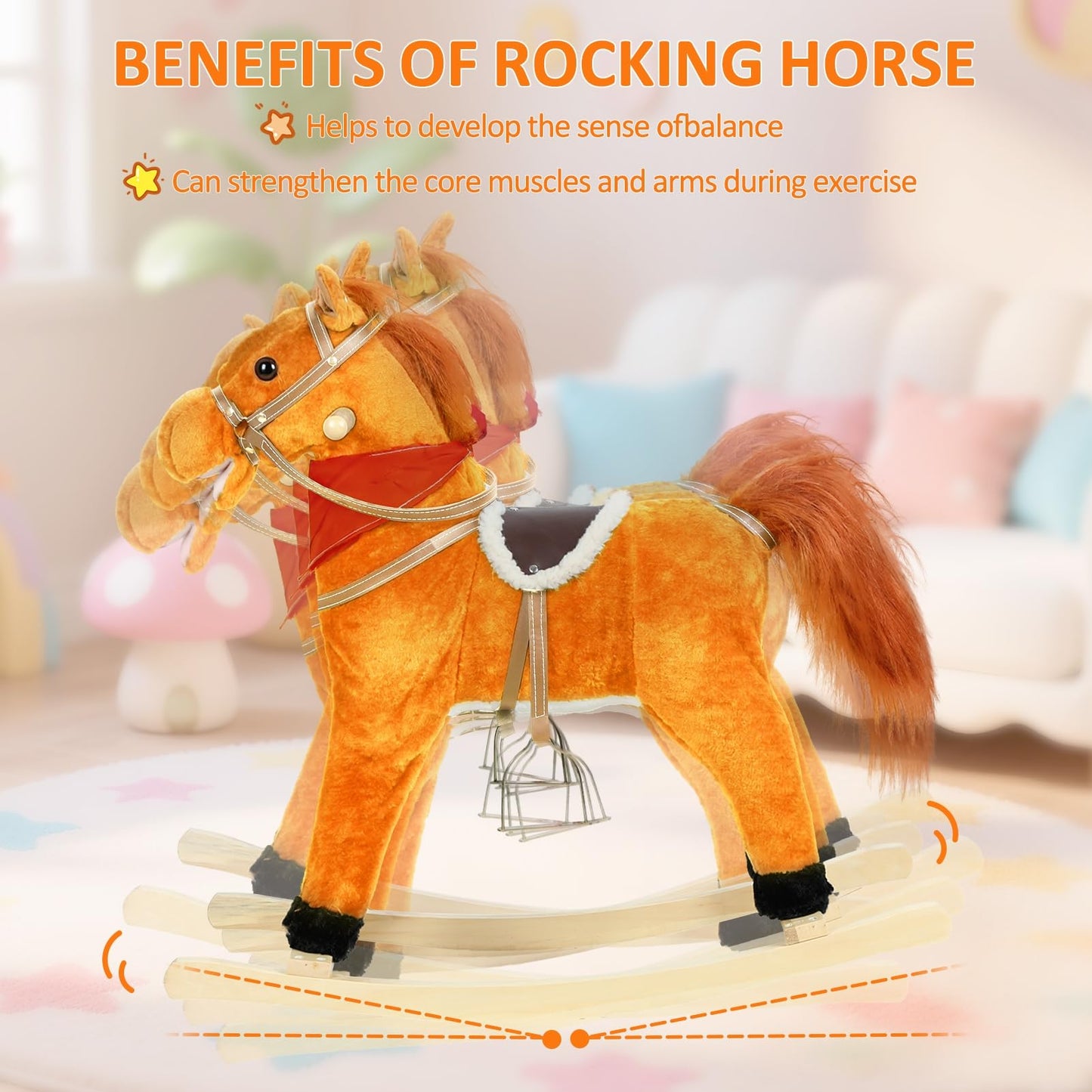 JENPECH Rocking Horse Toy for Kids Plush Ride on Animal with Wooden Rockers, Moving Mouth and Wagging Tail, Musical Sounds, Baby Rocking Chair, 120kg Weight Capacity, Ages 1-6 Light Brown Middle