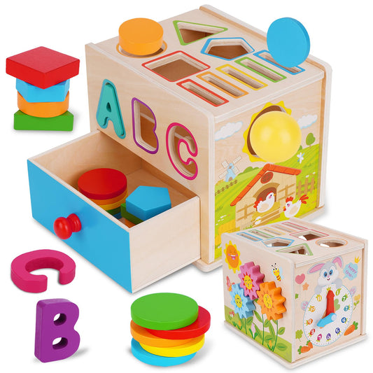 FCSONU Toddlers Montessori Toys for 1 2 3 Year Old Boys Girls, Wooden Baby Montessori Coin Box Toys for Toddlers 1-3, Shape Sorting Sensory Toys for Ages 2-3, Christmas & 1st Birthday Gifts for Kids