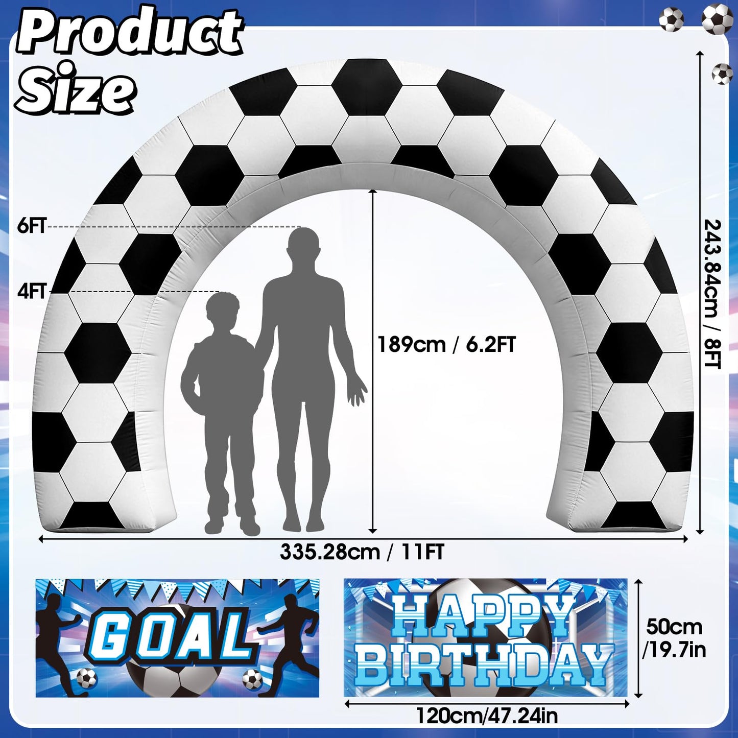 8FT Giant Soccer Inflatable Arch, Match Day Viewing Party Decorations for Fans, Soccer Sports Tournament Game Day Photo Backdrop with 1 Blower, 2 Banners & 3 LED Lights, Birthday Party Blow-Up Decor