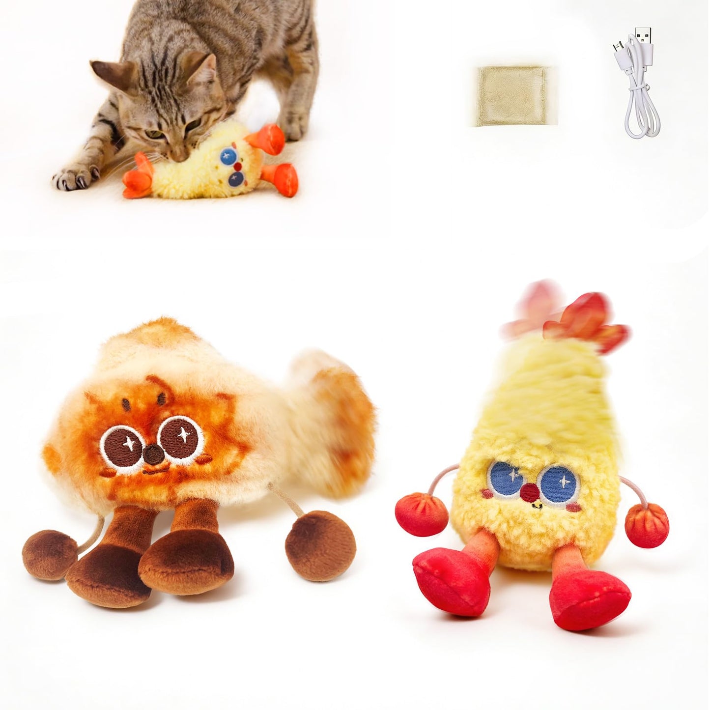 Petgravity Jumpy Shrimp Taiyaki Electric Cat Toy, 2 Pack, Tap-Activated 3 Moving Modes Interactive Cat Toys, Exercise Toy for Indoor Cats Kitten with Catnip, Rechargeable