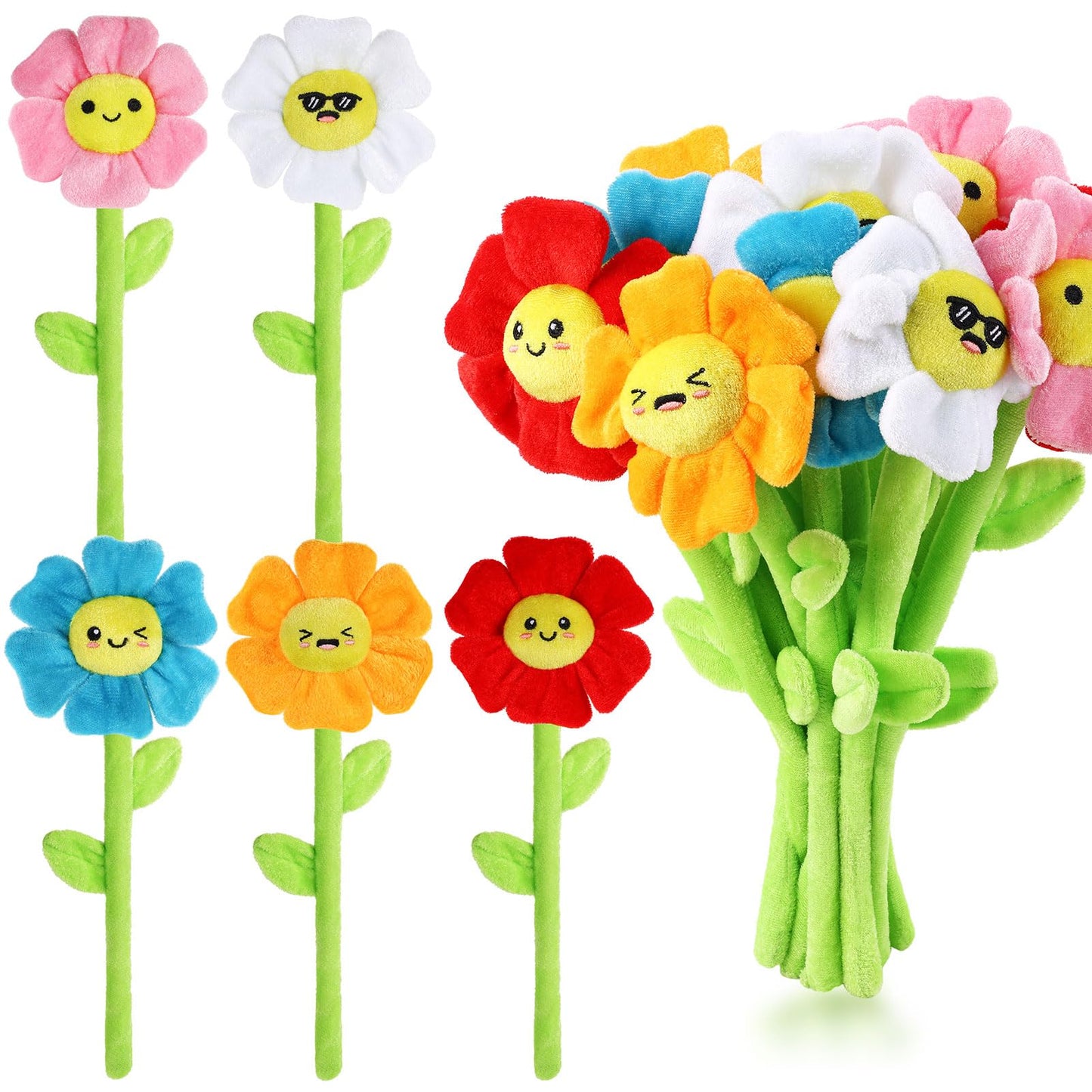 ZJoey 10 Pcs Plush Smile Flower Stuffed Bendable Stems Plush Bouquet Toy Soft Flower 12.6 Inch for Christmas 2026 Mother's Day Girl Girlfriend Wife(Elegant Style)