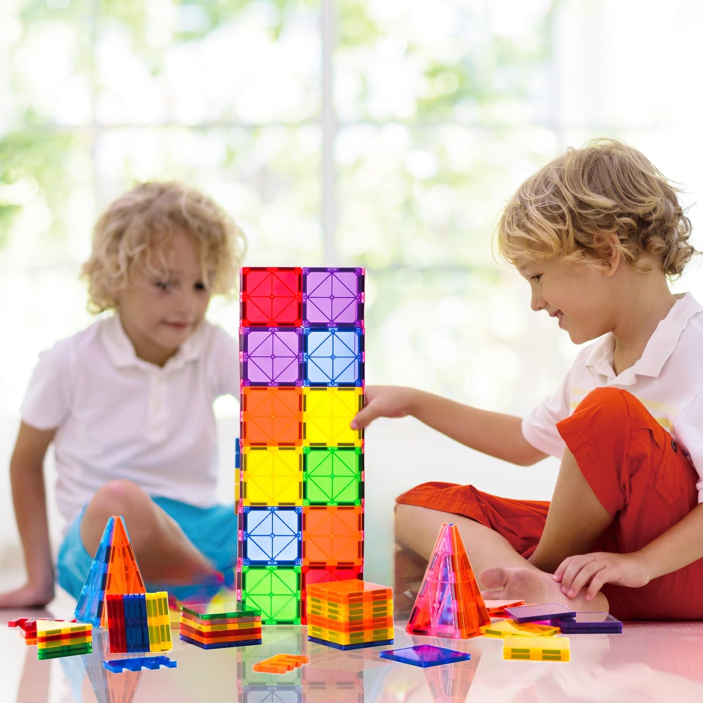 CuteTiger Magnetic Tiles, Magnet Tiles, 100 Pcs Magnetic Building Blocks No Cars, Square Building Castle, Preschool Toys, STEM Stacking Construction Montessori Toys for Kids