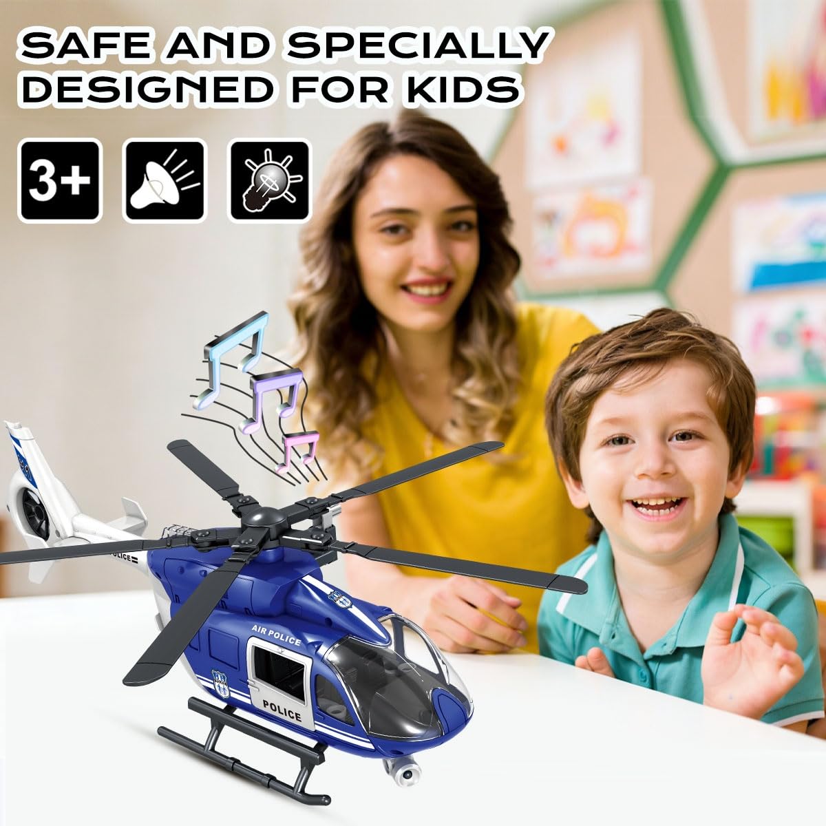 STOULKD Toys for 2 3 4 5 6 7 Year - Olds, 13" Blue - and - White Police Helicopter Toy - Interactive Lights, Siren Sounds & Openable Doors, Great Gift for Boys & Girls