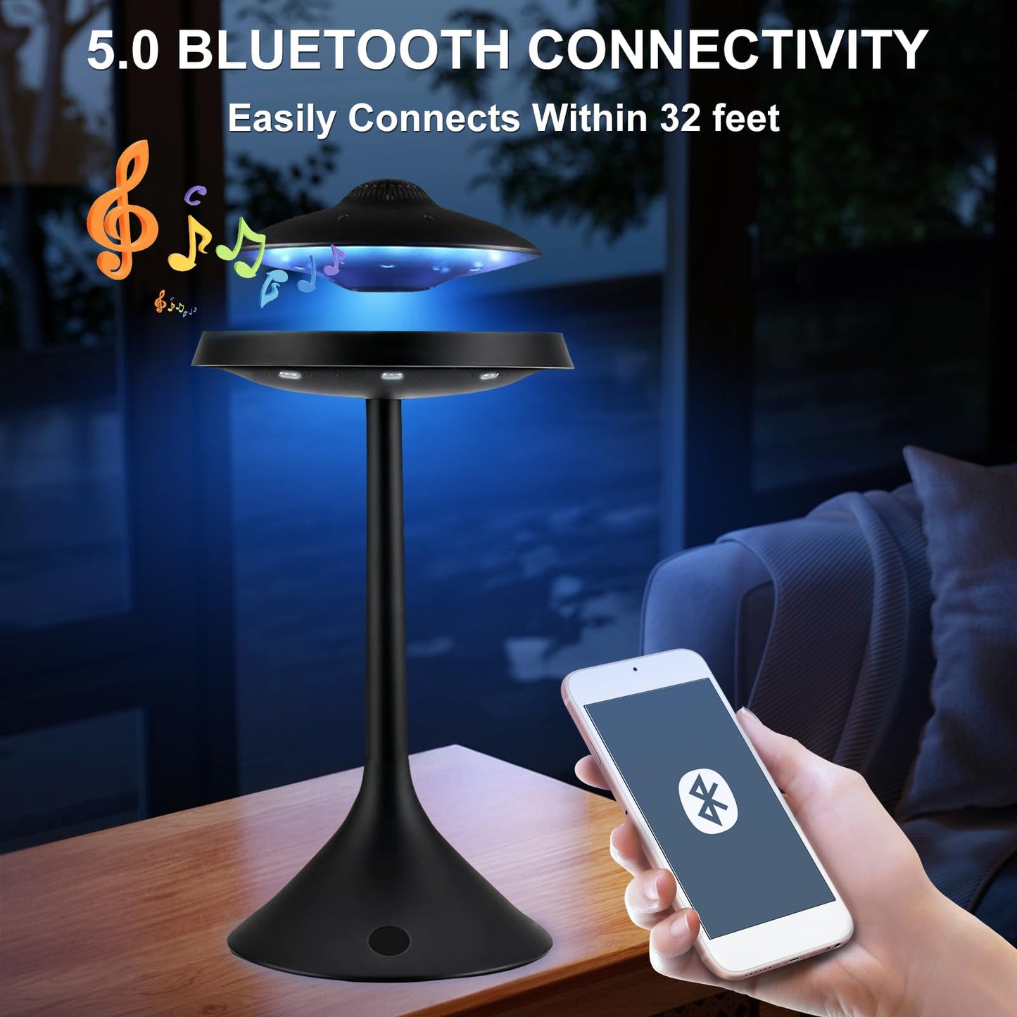 Magnetic Levitation Bluetooth UFO Speaker, Levitating UFO Speakers with Seven Color Night Lamp, Wireless Charging LED Lamp Bluetooth Speaker, 360°Rotating UFO Lamp (Black)