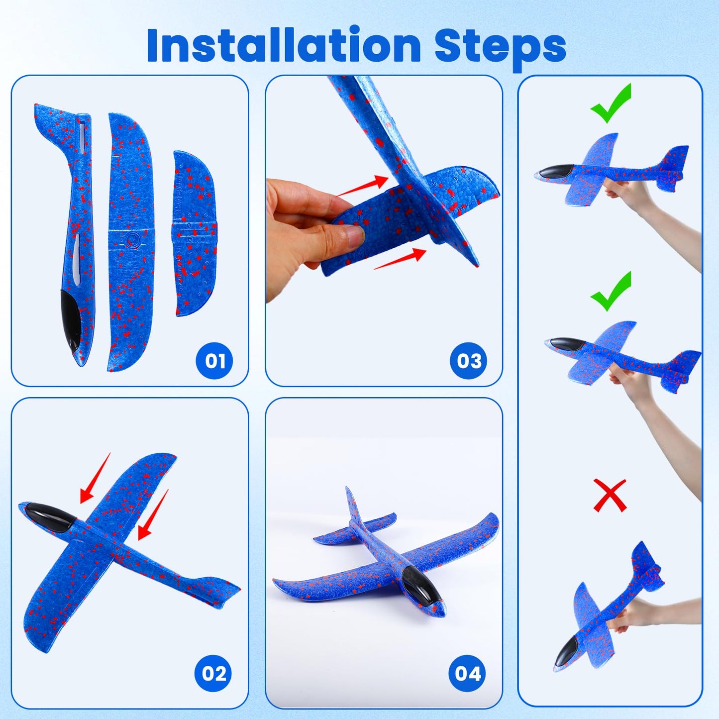 CACASO 4 Pack Foam Airplane Toys,13.5" Hand Throwing Foam Airplanes,Flying Toy for Kids Toddler,Styrofoam Glider Airplanes for Outdoor Sport Games,Birthday Gifts,Party Favors