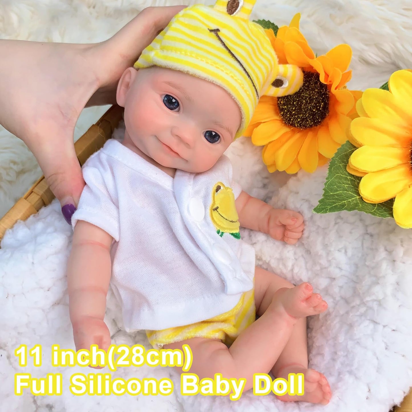 Yokyyi Lifelike Full Body Silicone Reborn Baby Dolls Girl - 11Inch Realistic Full Silicone Body Baby Doll with Big Eyes Yellow Frog Set for 3+ Years Old