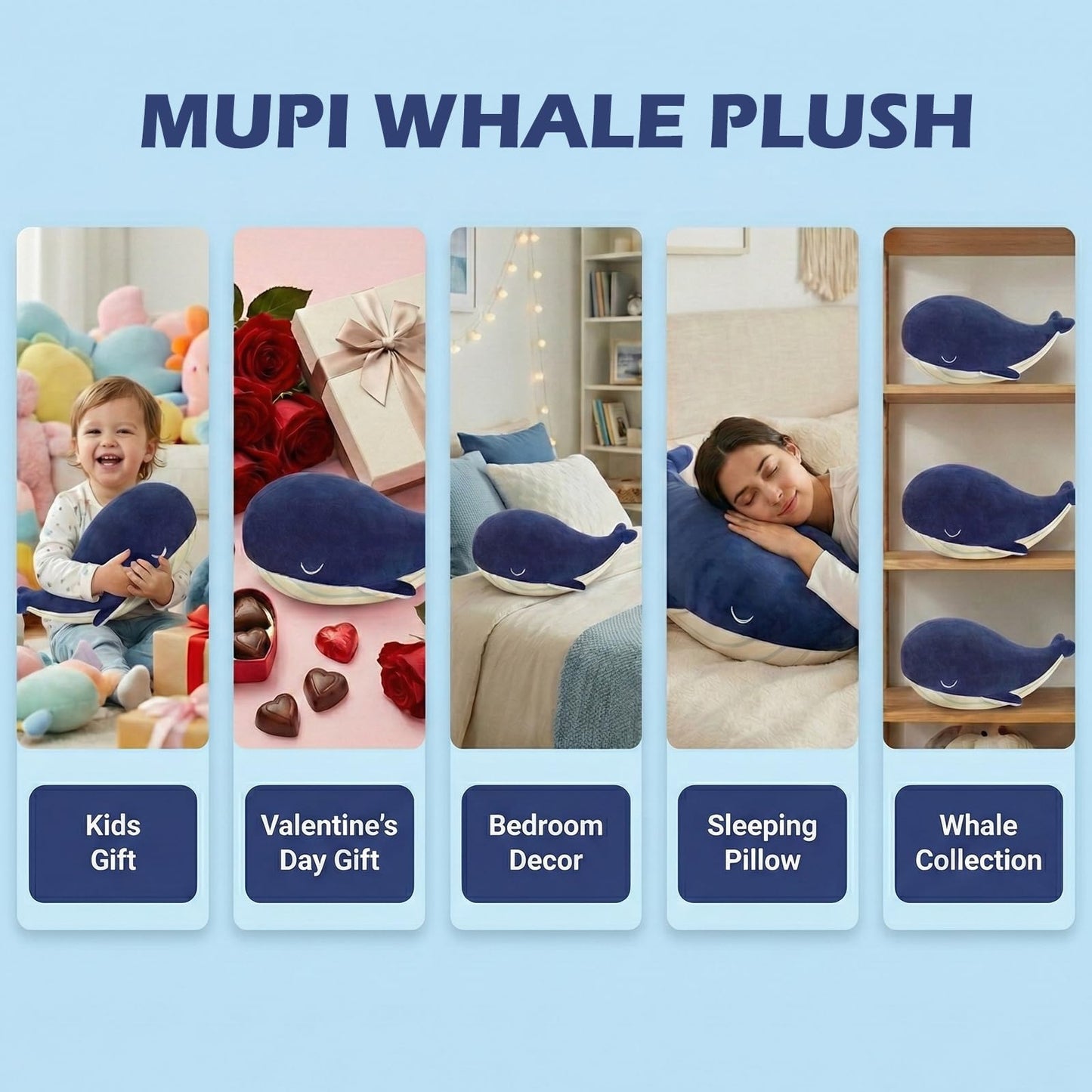 MUPI Whale Stuffed Animals Plush Pillow 4 Size Cute Soft Cotton Plushies Pillows Kawaii Blue Whale Toy Gifts for Kids Boys Girls Adults (Blue, 33 Inch)