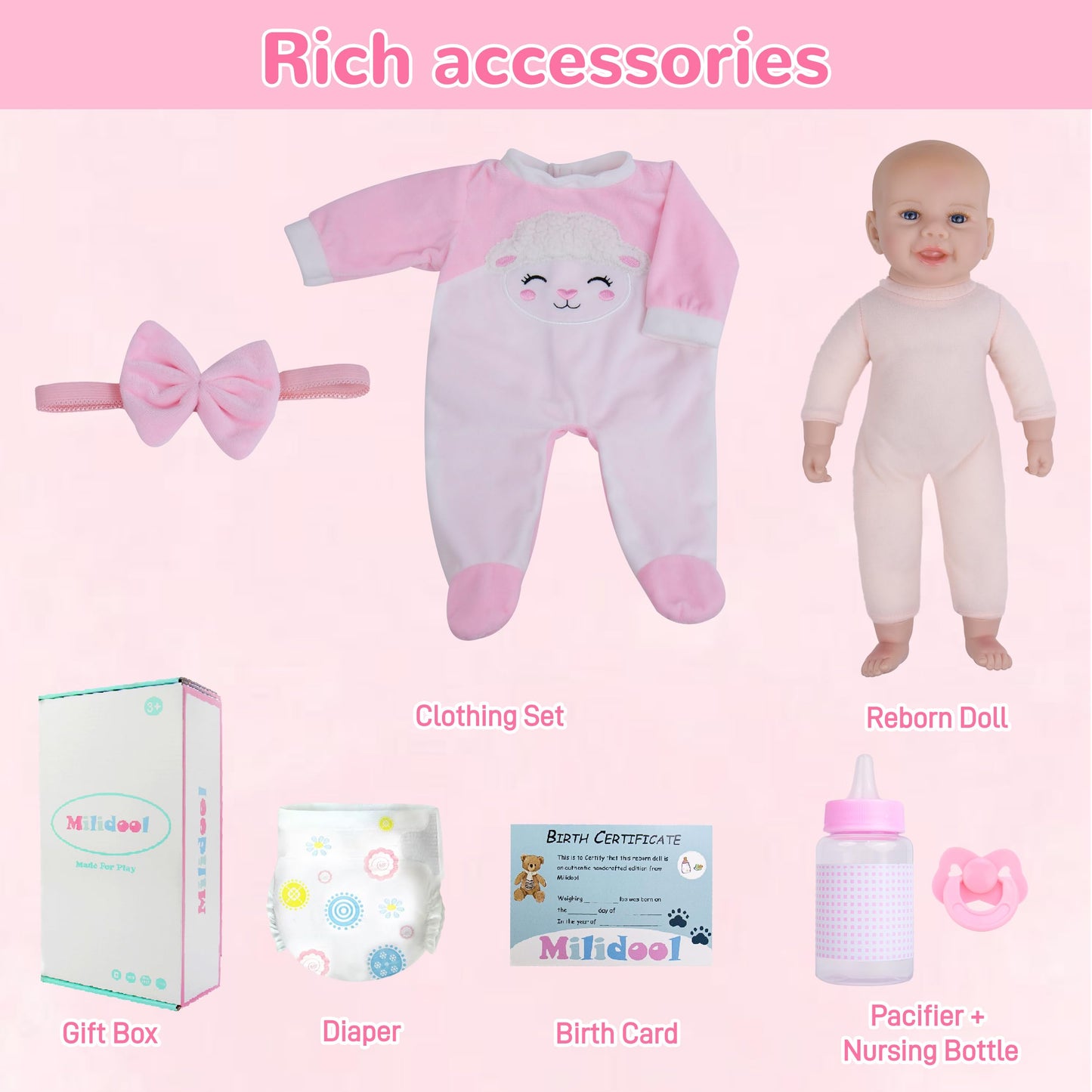 Milidool Reborn Baby Doll Girl - 17-Inch Soft Body Realistic Baby Doll Real Life Baby Dolls for 3+ Years Girl Birthday Gifts, Pretend Play, Christmas & Collection