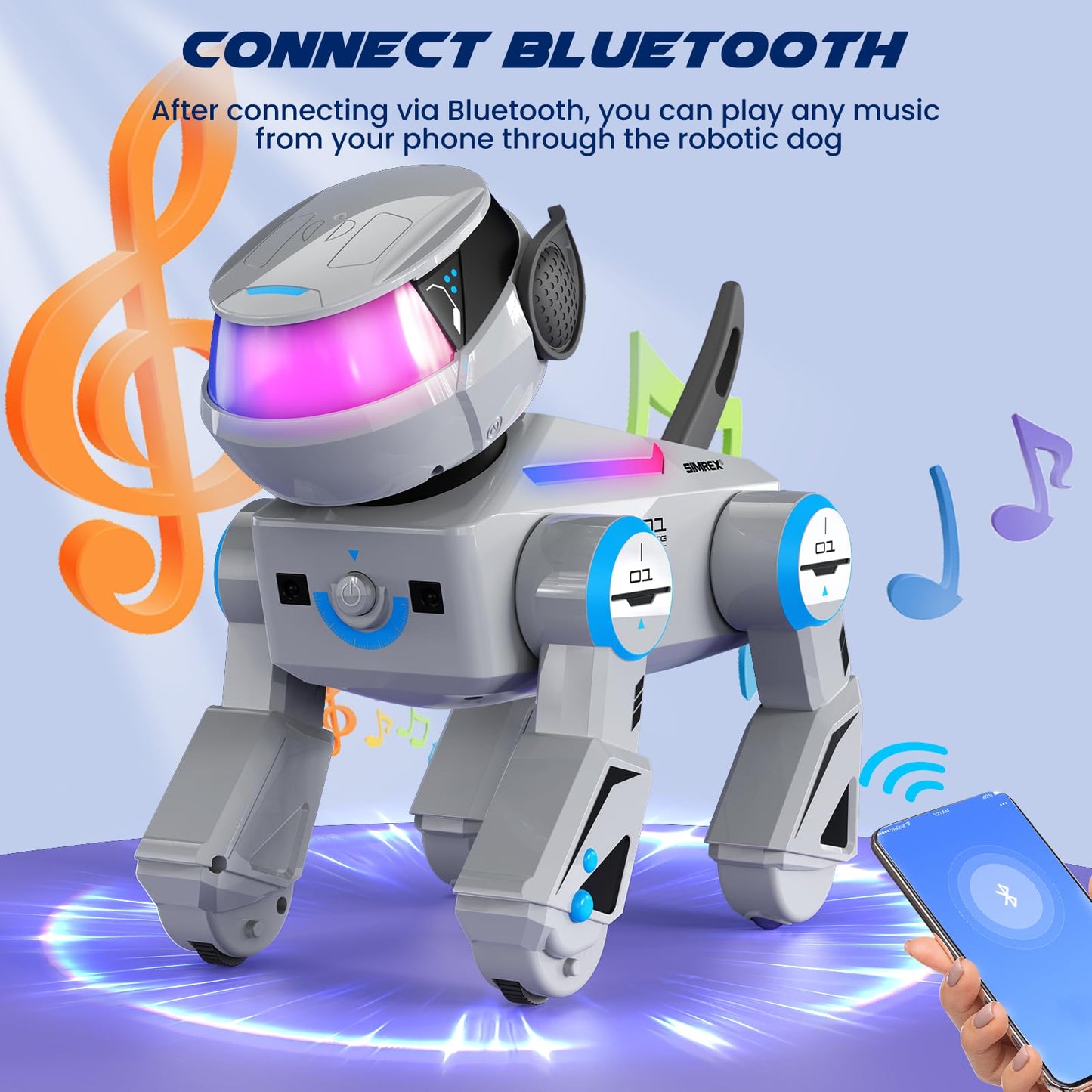 SIMREX Robot Dog Toys for Kids – Smart Interactive Robot Puppy with Bluetooth,Touch Sensor, Dance Tricks, LED Eyes, 2 Rechargeable Batteries, Gift for Kids Boys and Girls(Gray)