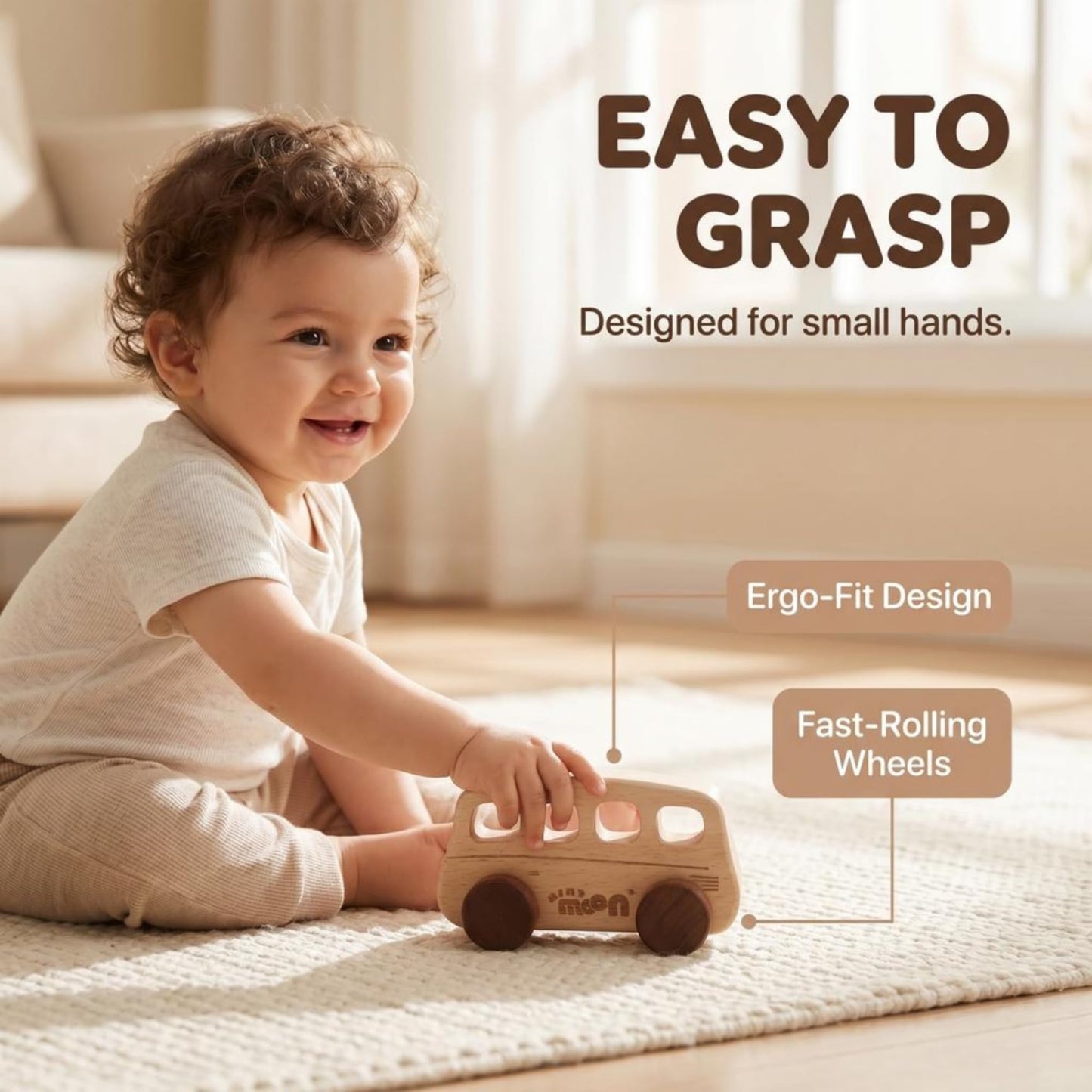 MINYMOON Wooden Toys for 1 Year Old – Montessori Baby Toy Set with Bus, Airplane & Boat – Minimalist Nursery Decor & Teething Safe Infant Toys for Boys and Girls – 3 Piece Ergo-Fit Toddler Car Set
