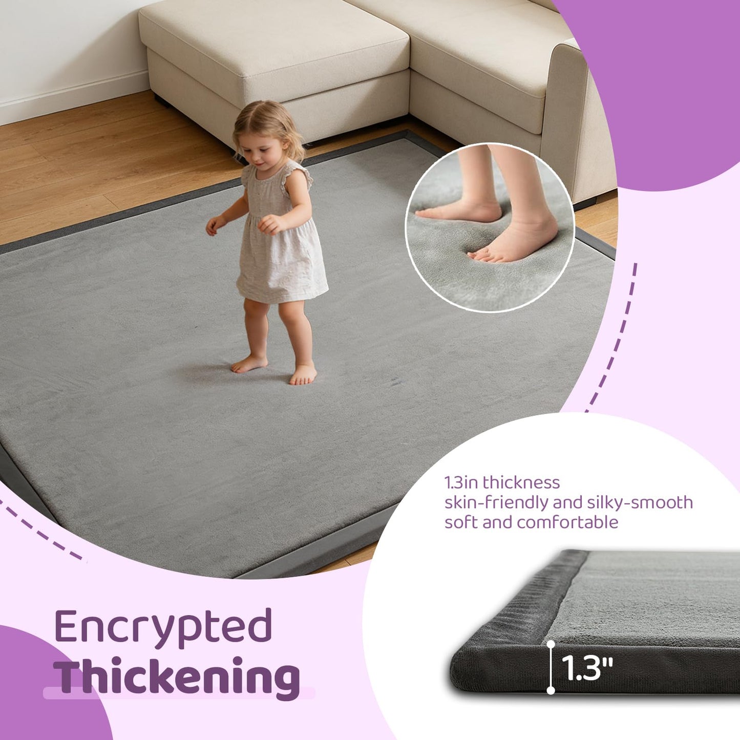 TreeBud Baby Play Mat for Floor, 1.3 Inch Thick Memory Foam Tummy Time Mat with Non Slip Backing, Soft Coral Velvet 59X79 Inch Playpen Mat Crawling Tatami for Infants Toddlers Kids, Dark Gray