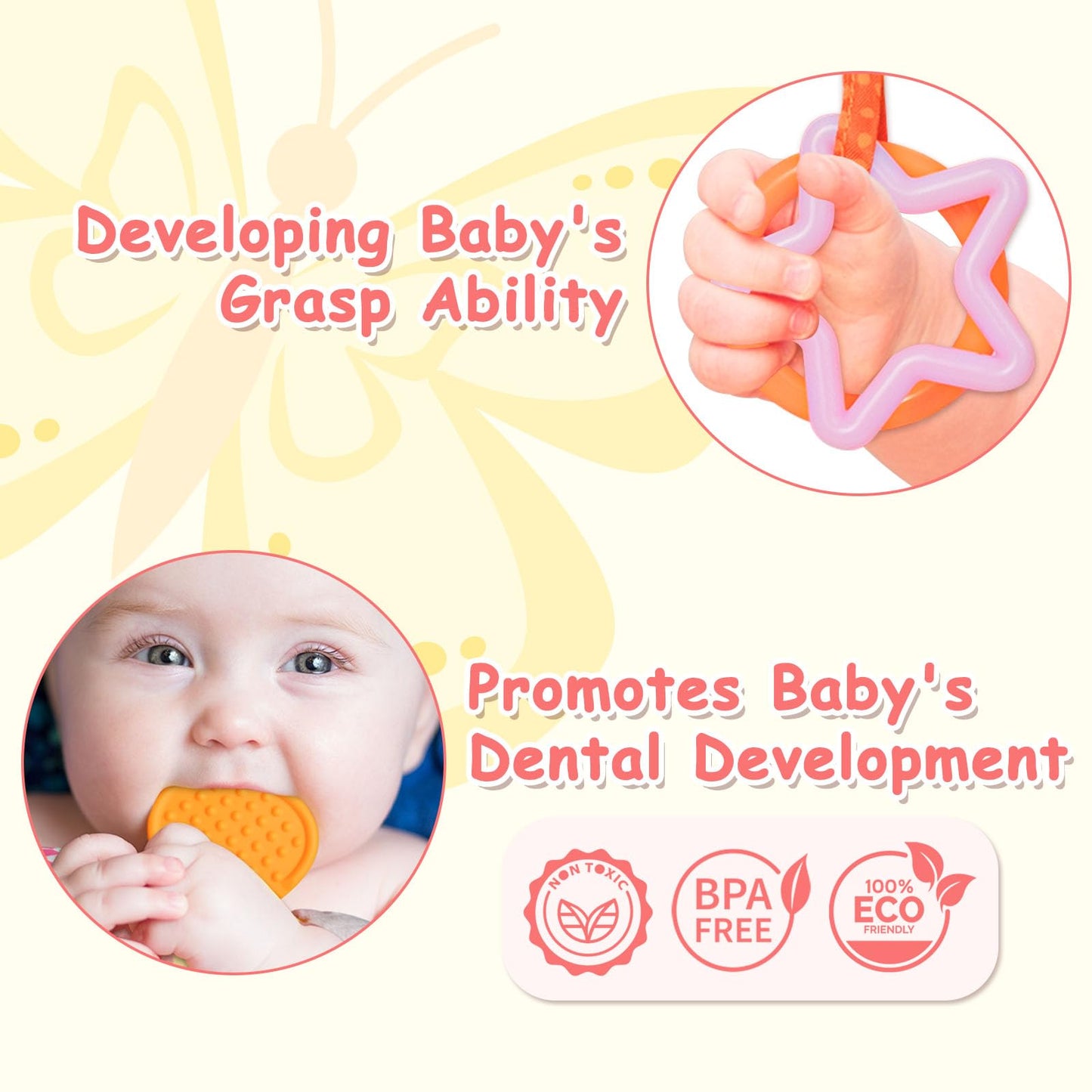 Baby Toys 0-6 Months,Infant Musical Sensory Stuffed Animal with Squeaker,Rattle,Crinkle Wings,Teether & Hanging Ring,Tummy Time Toy for Newborn 0-3-6-12 Months Boys & Girls Gift,Butterfly,Pink