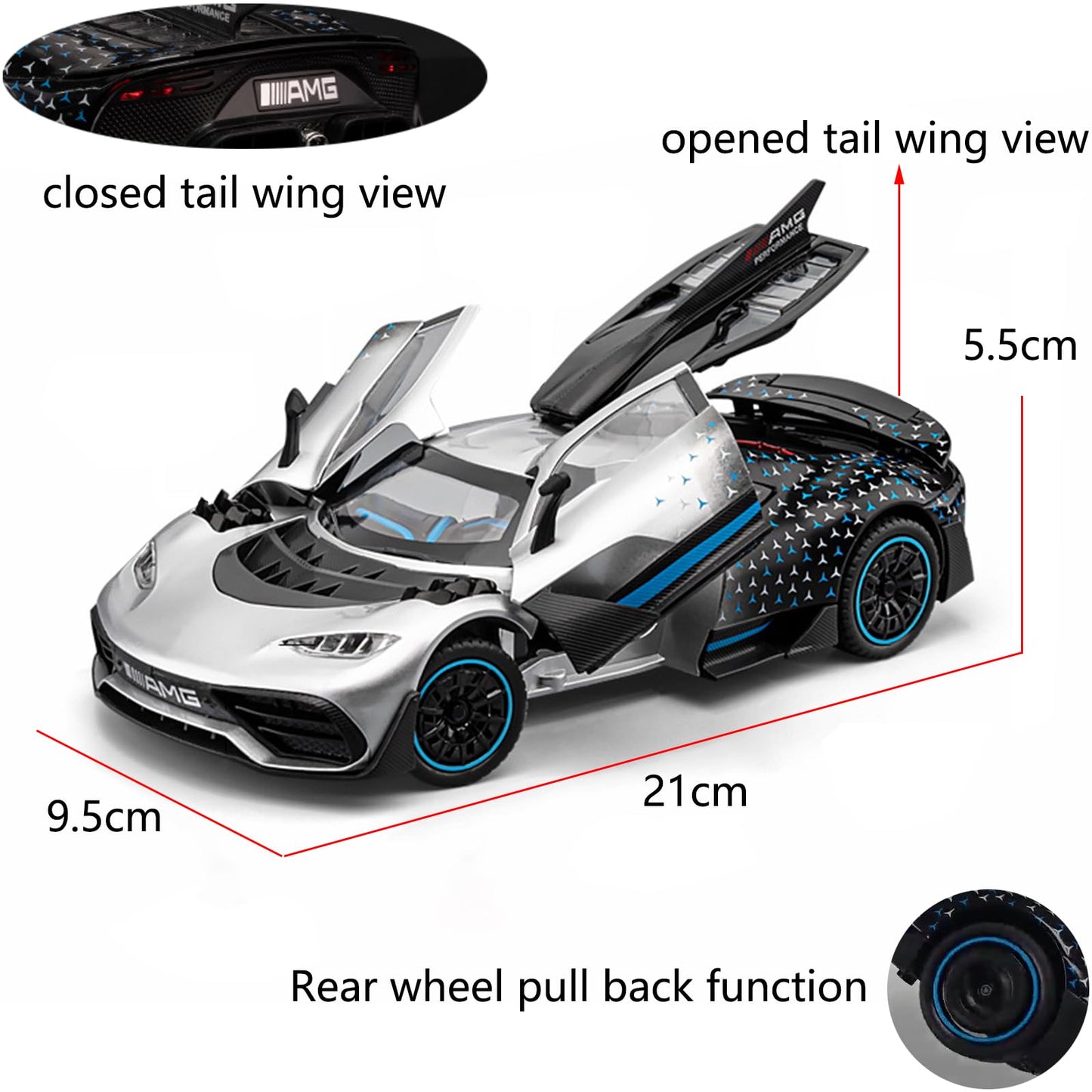 iLooboo Toy Car Model 1/24 Silver AMG ONE Alloy Collectible Vehicle Pull Back Die-Cast with Lights and Sound