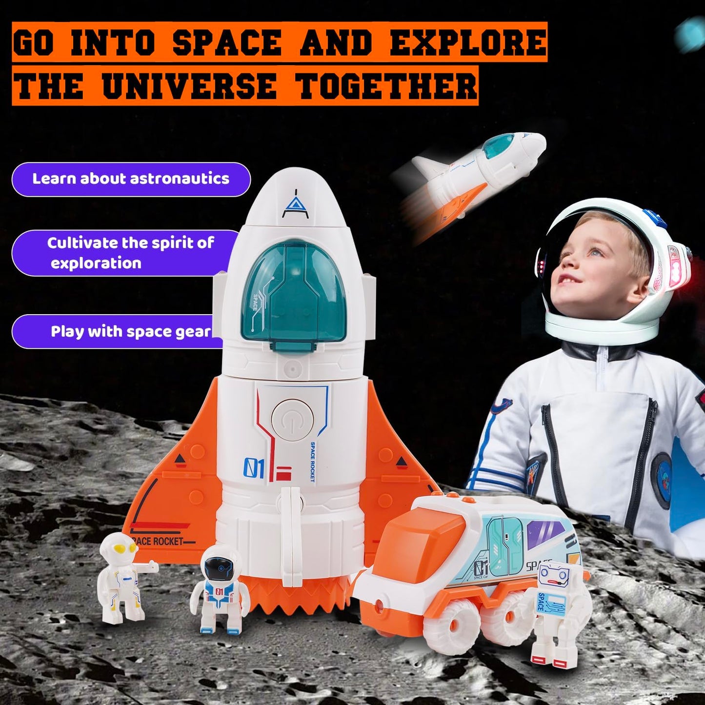 Jomifin Spaceship Toy for Boys Girls, Space Shuttle Toys with Lights and Sound, 3 Astronauts Figure, Openable Cockpit, Spray Exhaust, Astro Venture Space Playset with Lunar car (Orange)