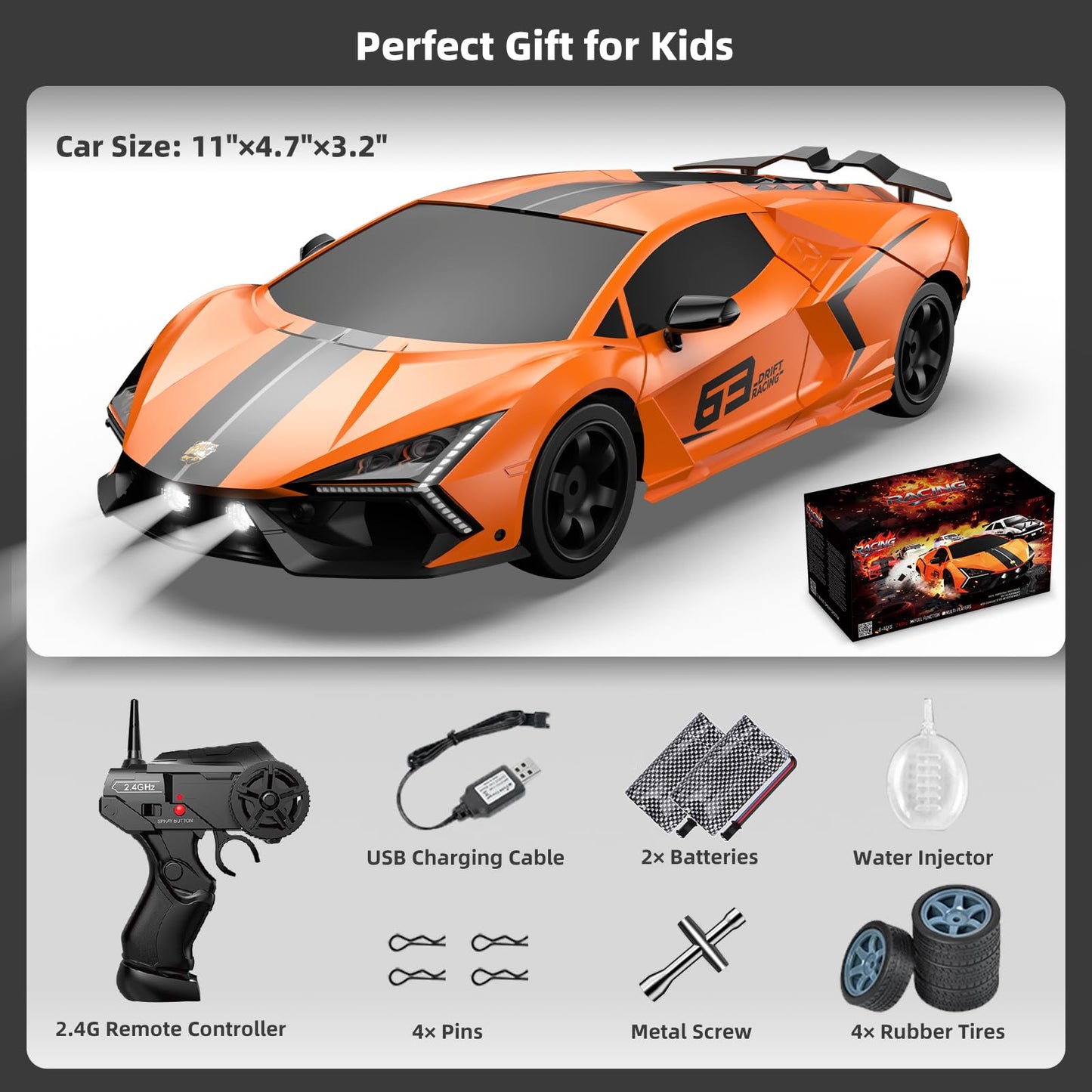 Sakeye RC Drift Car, Drifting RC Car 2.4GHz 1:16 Remote Control Cars 4WD High Speed Racing Vehicle with LED Lights Two Batteries and Drifting Tires Sport Toy Cars for Adults Boys Girls Kids Orange