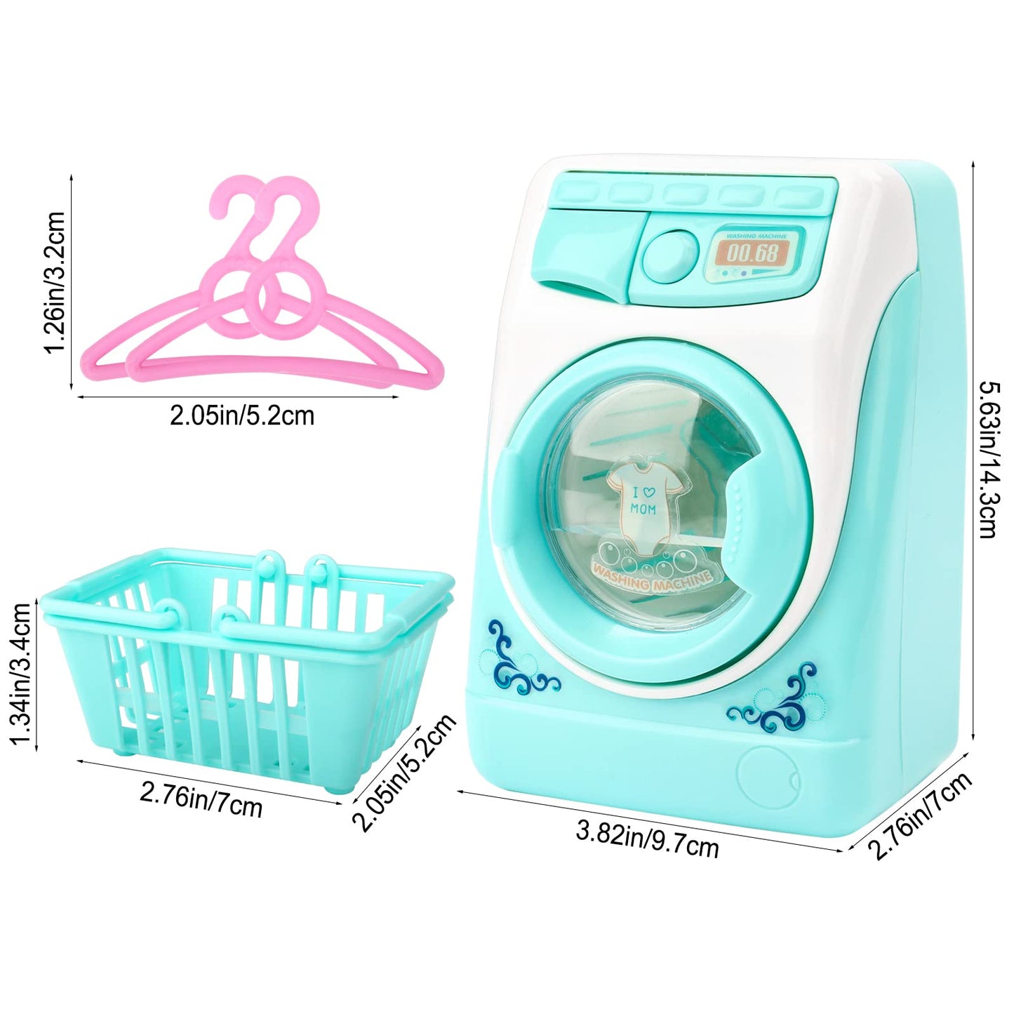deAO Washing Machine Toy for Kids Dollhouse Furniture Pretend Play Household Appliance Realistic Sounds with Lights Laundry Play Set with Rotatable Roller for Boys Girls