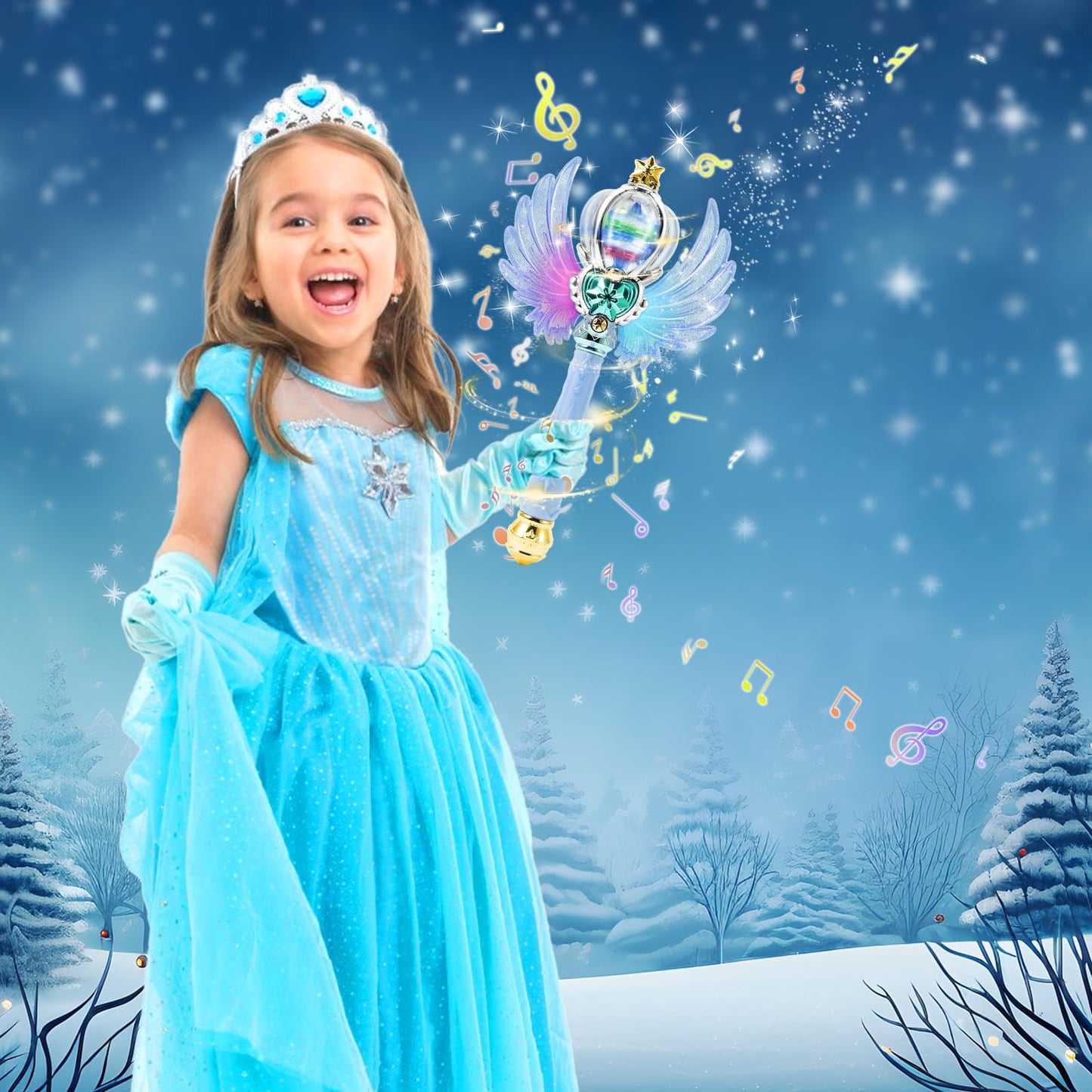 EnchantZone Light Up Snowflake Wand with Spinning LEDs and Sound Magic Princess Toys for Kids Girls Birthday Cosplay Party Favors, Blue