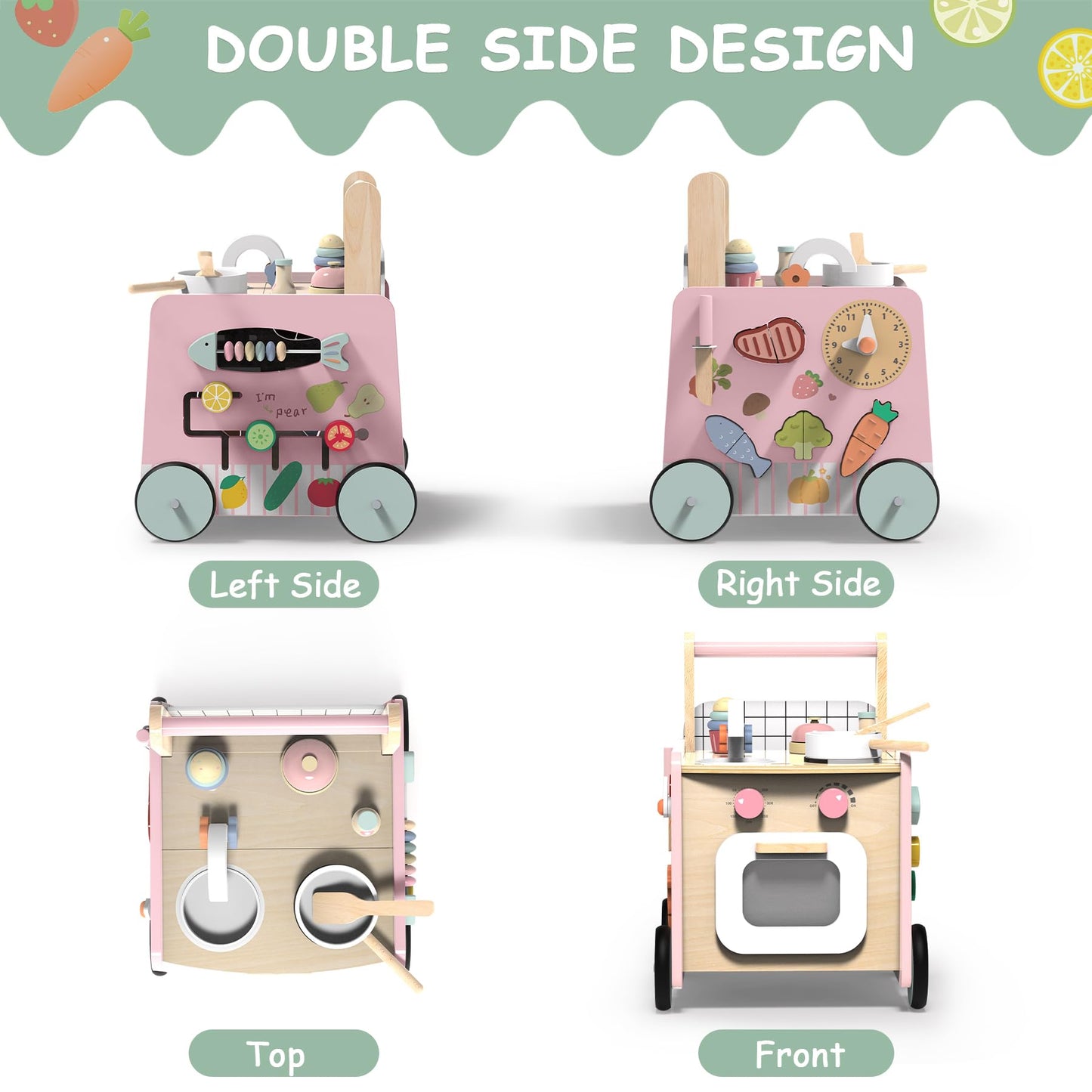 Gigglegems Wooden Baby Walker 4-in-1 with Push Walker Toys, Play Kitchen Accessories, Toddlers Montessori Sensory Toys, Walking Toys for Baby Girls Boys Learning to Walk