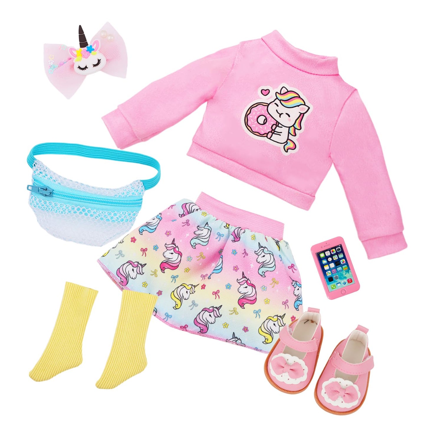Ecore Fun 18 Inch Girl Doll with Clothes Accessories, Fashion Doll with Styling Brown Hair, Unicorn Hair Clip, Phone, Bag, Outfit & Shoes, Gift Ready for Birthday & Pretend Play