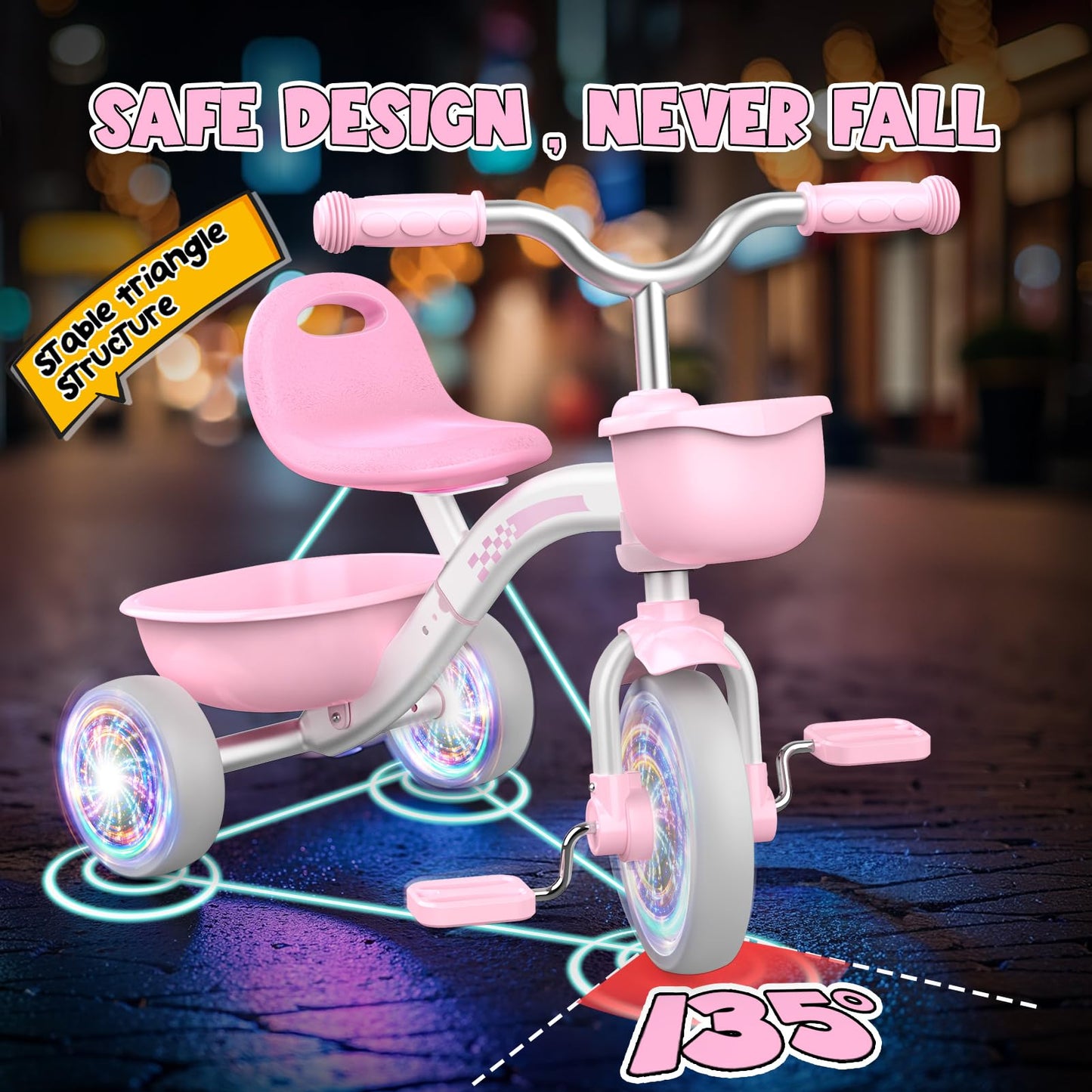 Kkdi Toddler Tricycle for 1-3 3-5 Year Olds, 2 3 4 5 Year Old Girl Birthday Gifts, Pink Toddler Baby Bike, 4-Level Adjustable Seat, 3 Color Light Wheels, 2 Baskets, Outdoor Riding Toys for Ages 2-4