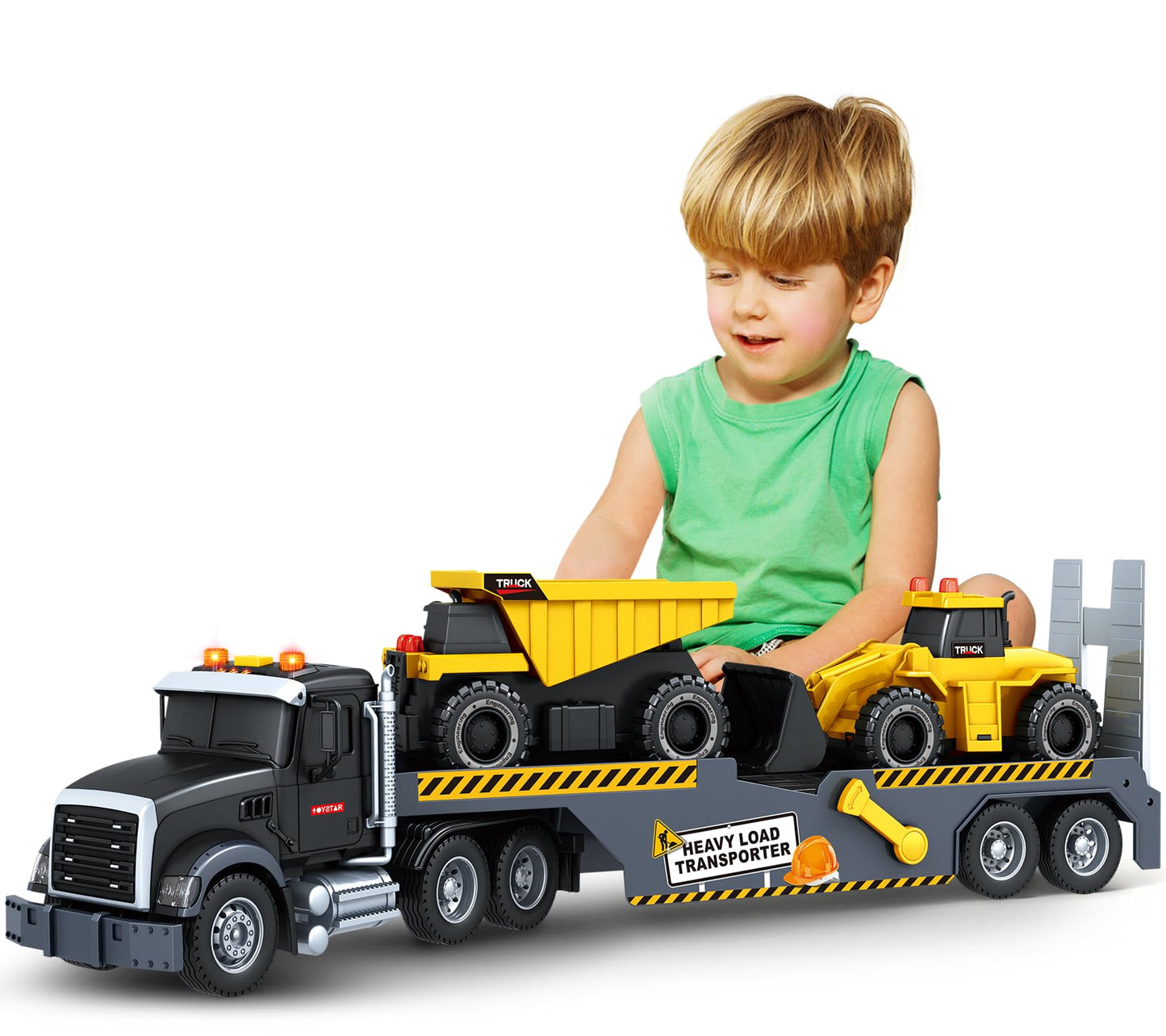 Bstoyder Toddler Boy Toys for 3 4 5 6 7 Years Kids, 21" Semi Construction Carrier Truck Toy with Excavator and Dump Truck, Friction Powered Toys with Lights and Sounds, Birthday for Boy Girls