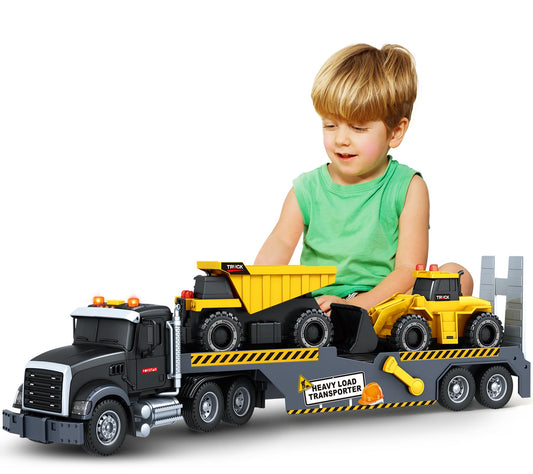 Bstoyder Toddler Boy Toys for 3 4 5 6 7 Years Kids, 21" Semi Construction Carrier Truck Toy with Excavator and Dump Truck, Friction Powered Toys with Lights and Sounds, Birthday for Boy Girls