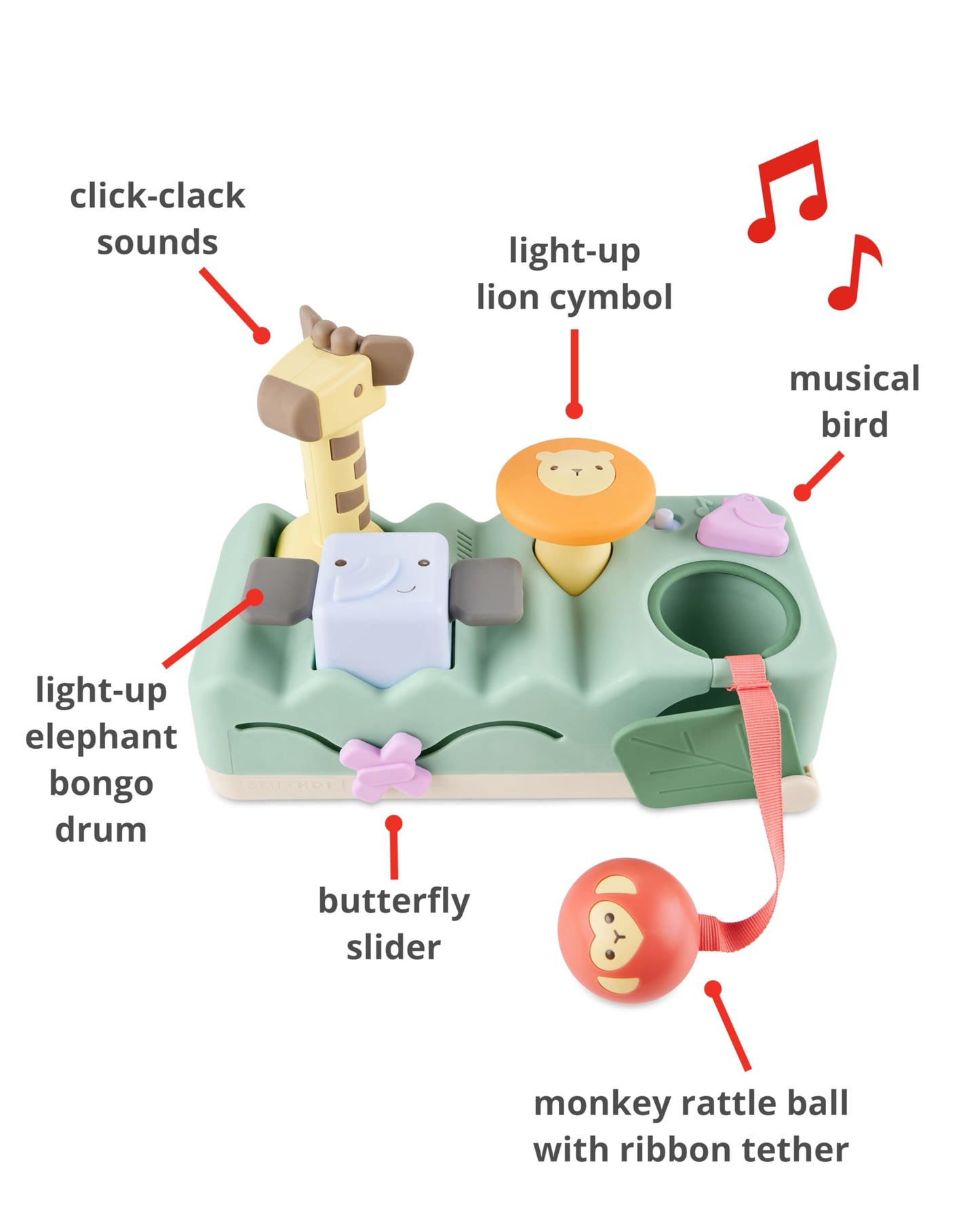 Skip Hop Tummy Time & Seated Play Cause & Effect Developmental Musical Baby Toy with 12 Animal Sounds, Lights, Music and 6 Activities, Geometric Wonders 2-in-1 Pounding Bench, Age 3m+