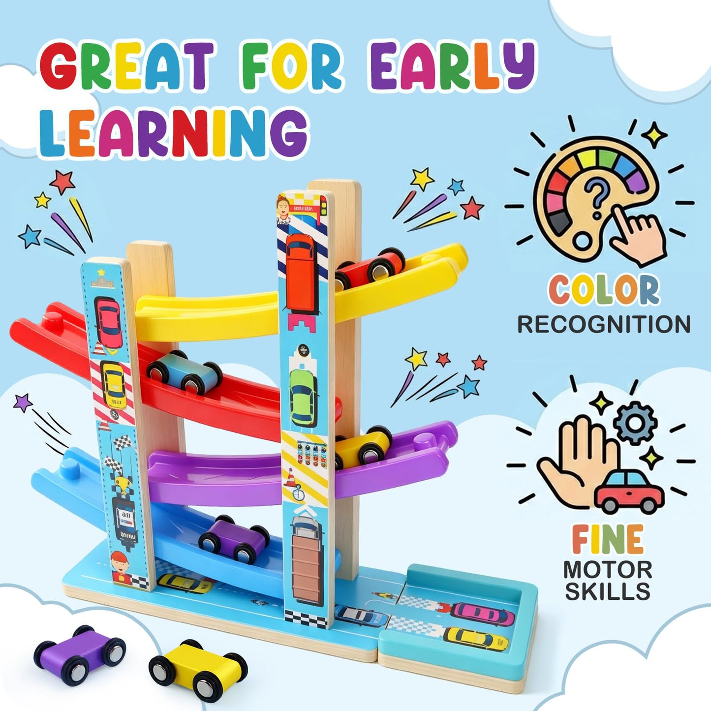 Montessori Toys for Toddlers, Children Race Track Toy with 4 Cars and 1 Wooden Parking Lot, Stable Base, Car Ramp Toy for 1 2 3 Year Old Boy Girl Gifts