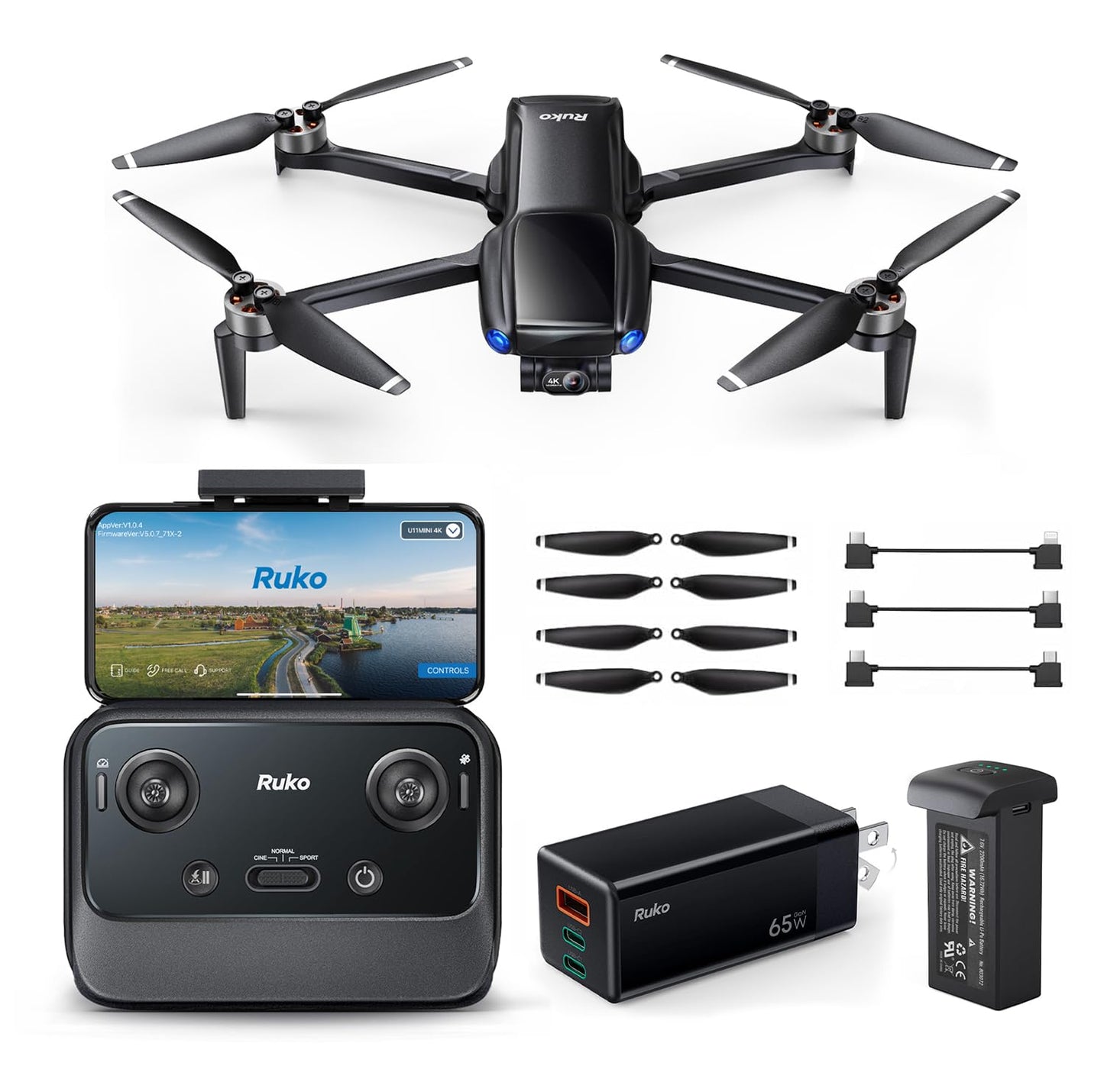 Ruko U11MINI 4K, Under 249g Pocket Drone with Camera for Adults 8K Photo 4K/30fps Video and Ruko PD65W USB C Charger