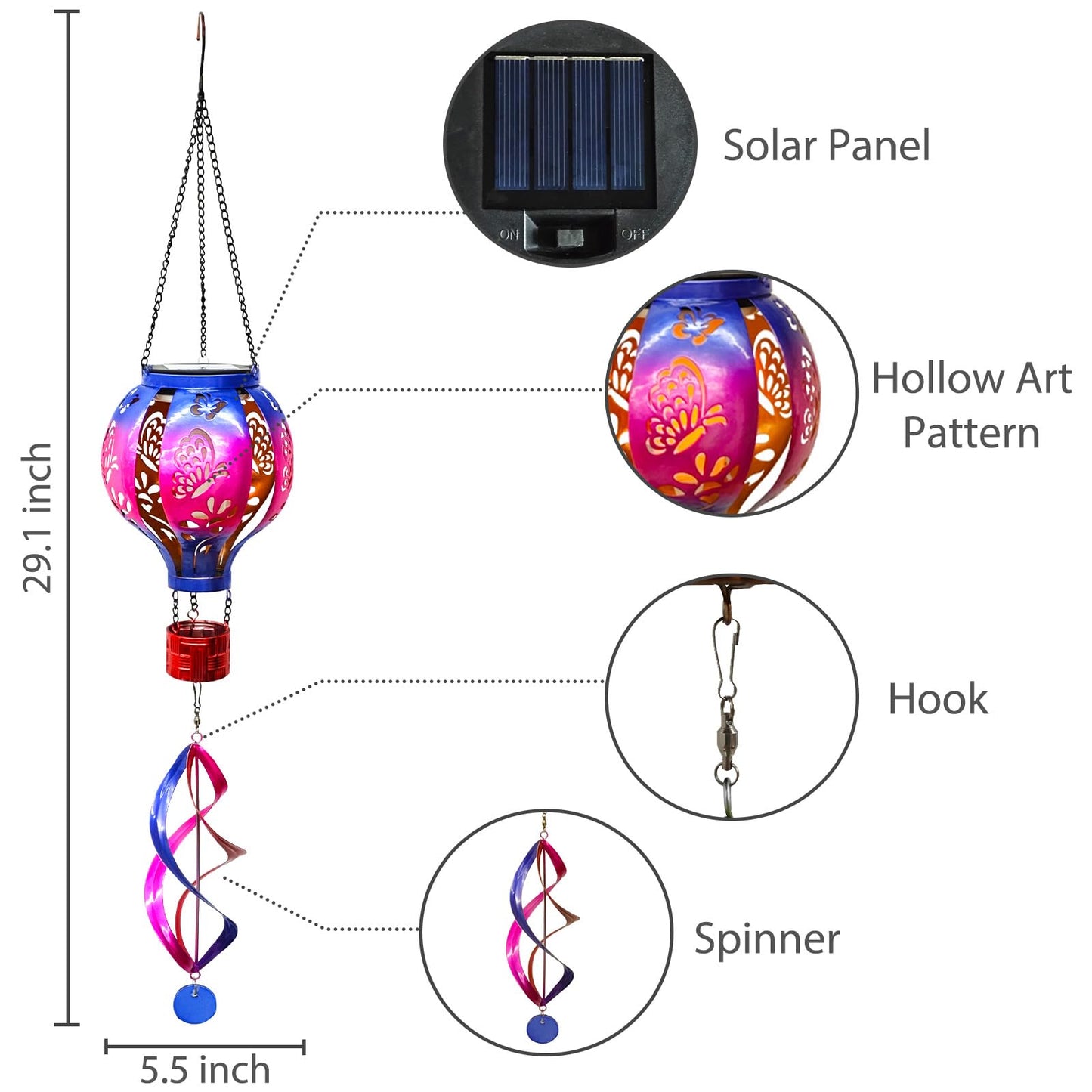 Hot Air Balloon Solar Lantern Butterfly Wind Spinners with Flickering Flame Light Hanging Solar Lantern Outdoor Waterproof Decorations for Outside Patio Garden Yard