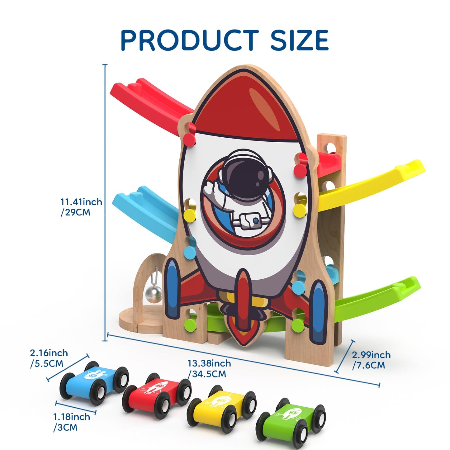 Letoiz Wooden Race Track Car Ramp Racer Toy for Toddlers, Rocket Car Ramp Toy Vehicle Playsets with 4 Mini Cars - Fine Motor Skills Toddler Toys for 2 3 Year Old Boy and Girl Birthday Gifts
