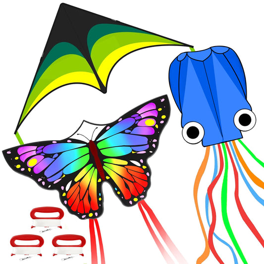Mint's Colorful Life 3 Pack Kites for Kids and Adults, Easy to Fly Butterfly Delta Octopus Kite Set for Beginners, Large Beach Kites for Family Outdoor Games & Activities (Green+Rainbow+Blue)