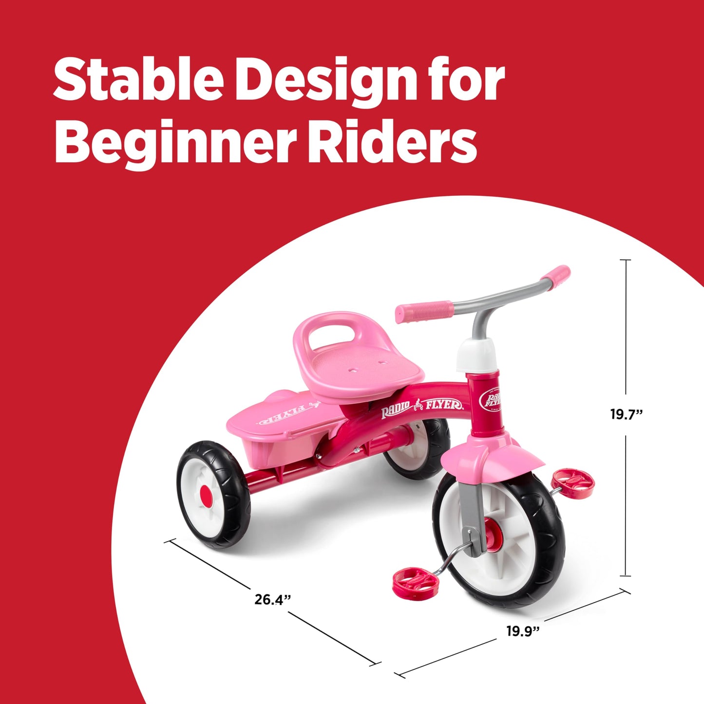 Radio Flyer Pink Rider Trike, for Ages 2.5-5, Adjustable Seat, Steel Construction, Quiet Ride Wheels, Covered Storage Bin, Comfort Grip Handlebars, Easy Carry Seat Handle, Tricycle for Toddlers
