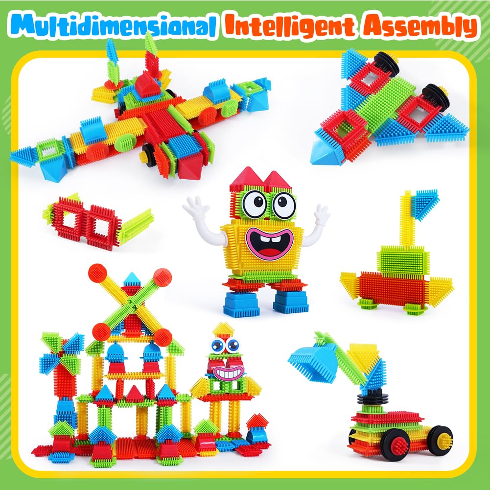teytoy 200Pcs Building Blocks Toys, Bristle Shape Building Blocks Set STEM Interlocking Construction Learning Toys for Kids Ages 3+