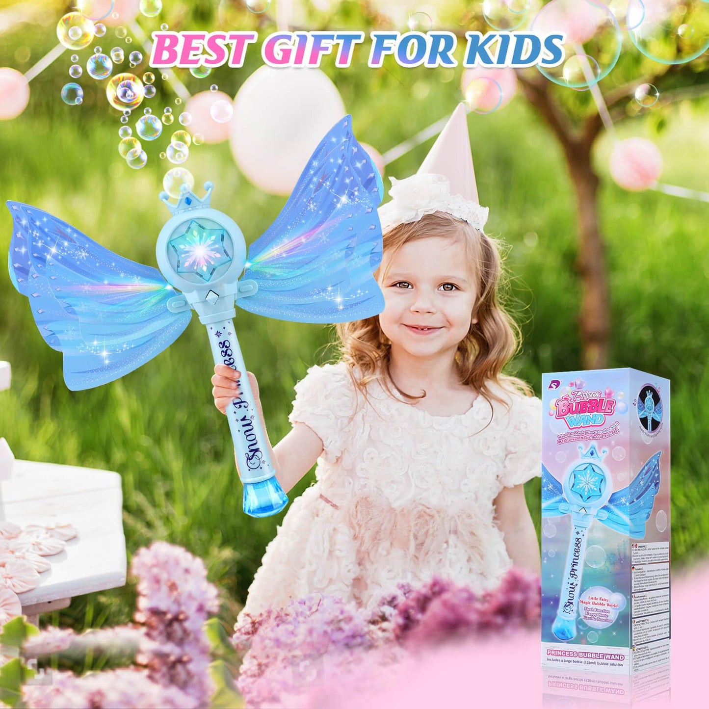 Britik Bubble Wands for Kids Girls - LED Light & Music Bubble Machine: 3 AA Batteries & 2 Bubble Solutions, Outdoor Party Birthday Toys for Toddlers, Gift for 3 4 5 6 7 8 Year Old Girls, Blue
