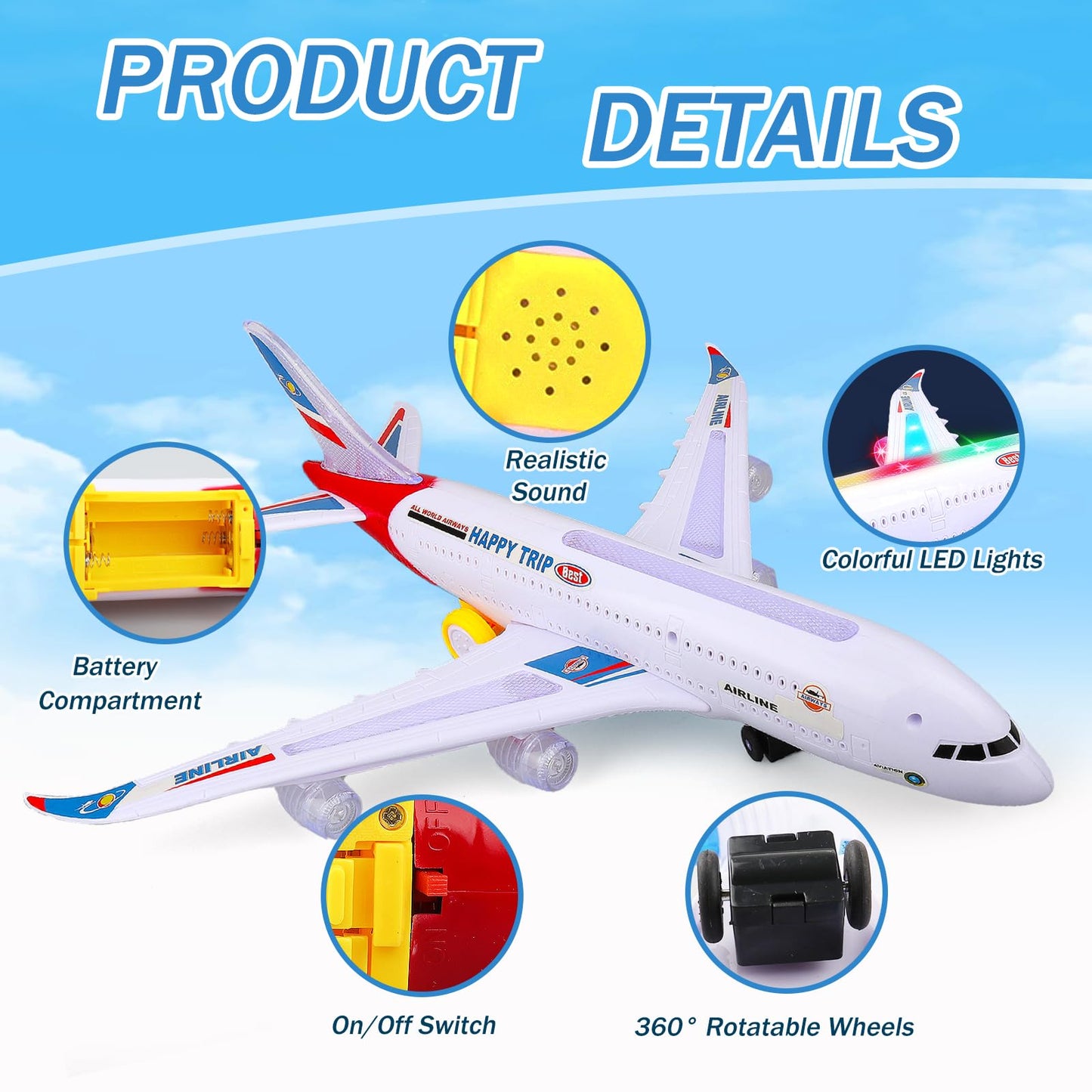 VYKOBLO Airplane Toy with Bump and Go, Kids Airplane Toys Flashing Lights and Sound, Realistic Model Plane for Boys and Girls Ages 3-12, Birthday Gifts (Red)