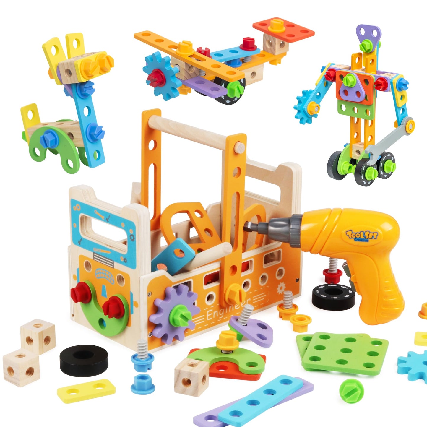 Totatatree Wooden Kids Tool Set with Electric Screwdrivers, 91PCS Educational STEM Construction Toys, Wooden Tool Bench Montessori Toy Tool Box for 3 4 5 YO Boys & Girls Birthday Gift (91Pcs)