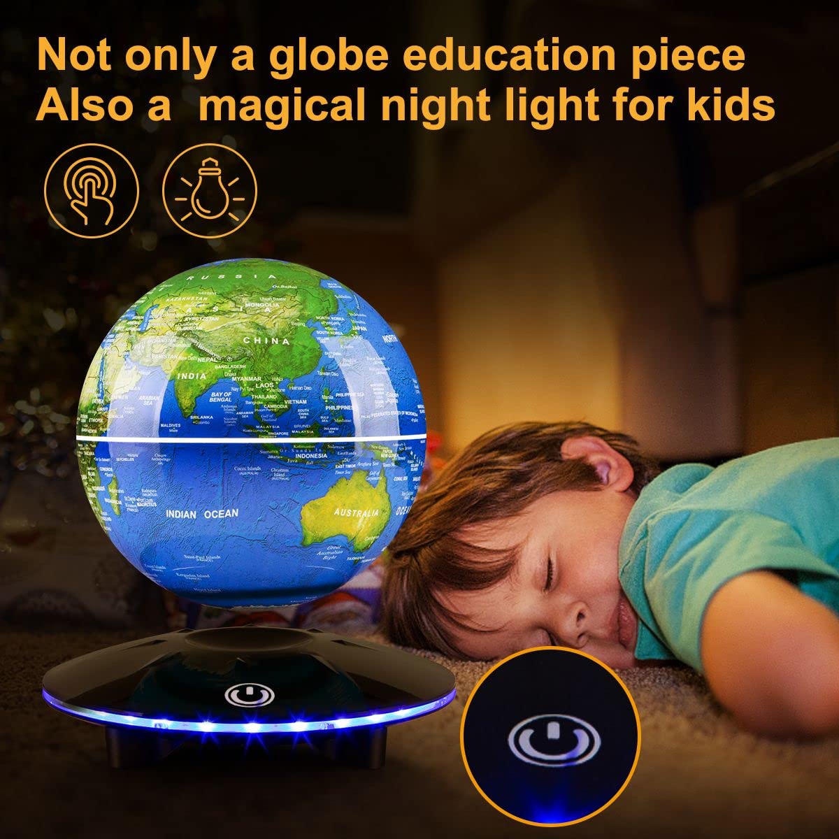 Magnetic Levitating Globe, 6 Inch LED Levitation Floating World Map Globe, Auto Rotation Suspended in Mid-air with Touch Control for Home Office Desk Decoration
