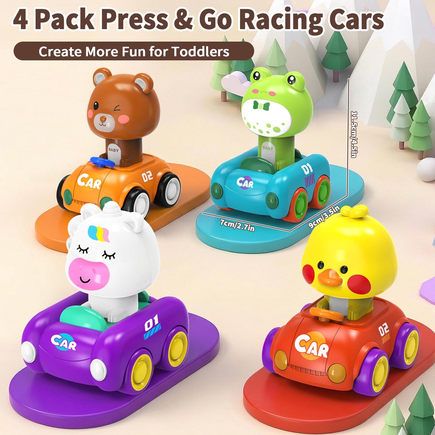 LBJGL Press and Go Car Toys for Toddlers 1-3, 4 Pack Friction Powered Baby Push Cars, Infant Play Vehicle Set for 6-9-12-18 Months, 1st Birthday Gifts for 1-2 Year Old Boys Girls