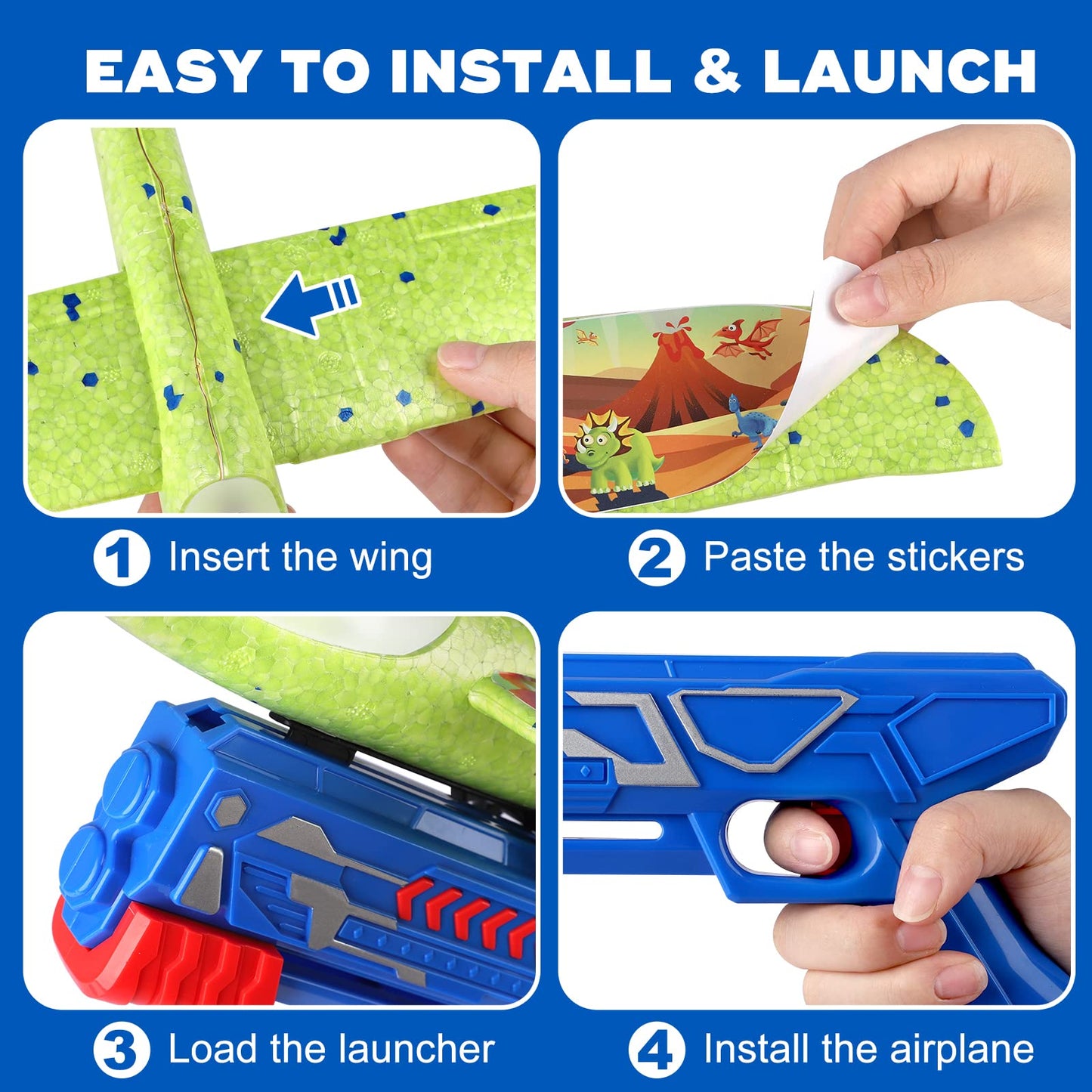 Onysurui 3 Pack Airplane Launcher Toy, 12.6" Foam 2 Flight Mode Led Plane Catapult Boy Toys with 3 DIY Stickers, Outdoor Flying Toys for Kids Gifts for 4 5 6 7 8 9 10 12 Year Old Boys Girls