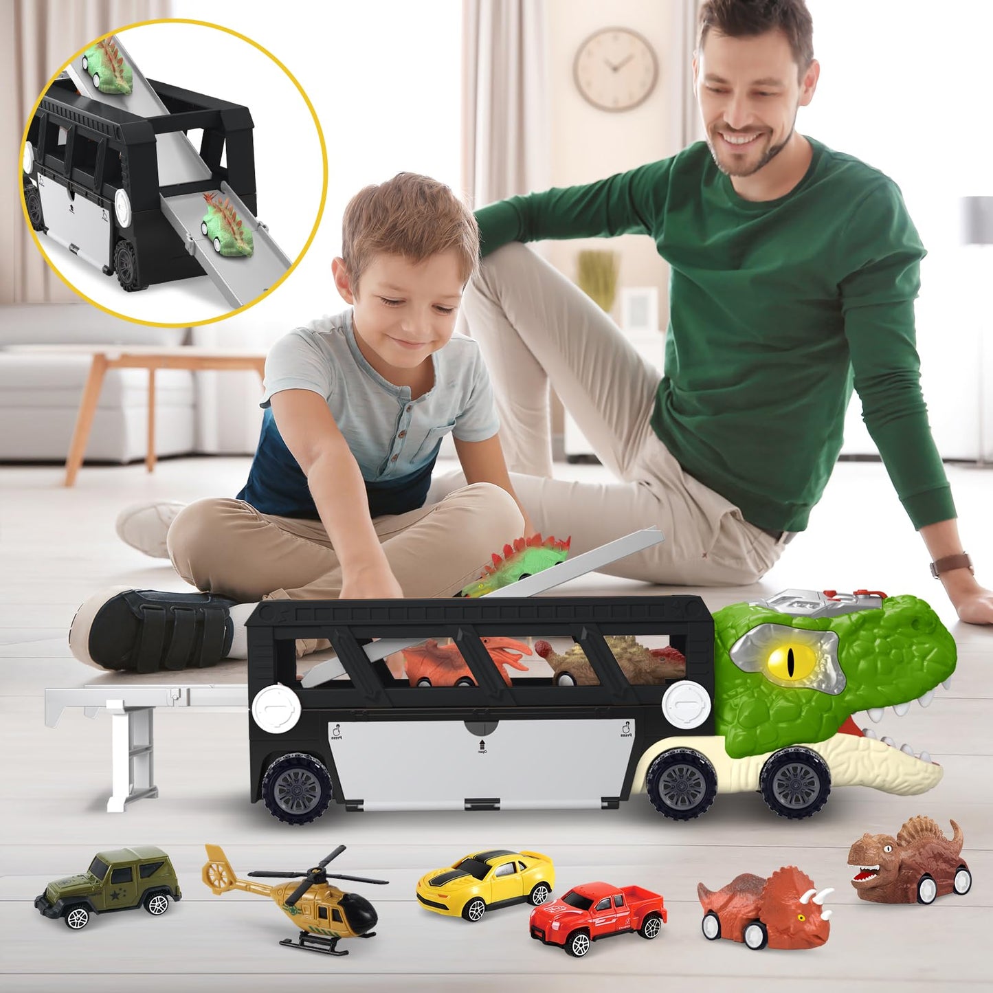 Dinosaur Toys for Kids Age 3-5 5-7, 17 Inch Big Dinosaur Truck with Sounds & Lights & Spray for Boy, Dinosaur Truck Carrier with 10 Mini-Cars, Xmas Birthday Gifts for Toddlers 3 4 5 Year Old