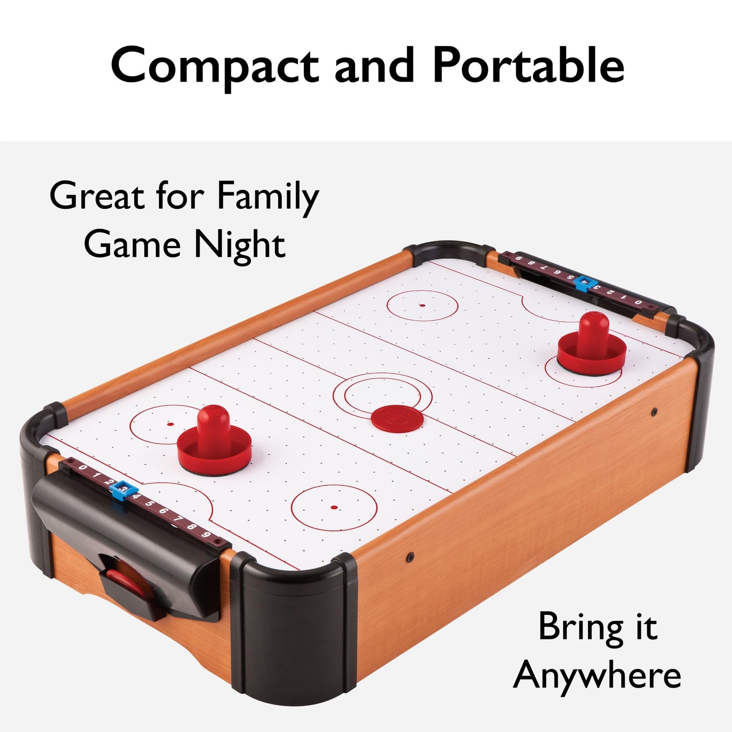 Mainstreet Classics 22 Inch Tabletop Air Hockey Game for Kids and Family, Mini Air Hockey Table with Battery Powered Motor, Includes 2 Pucks and 2 Pushers