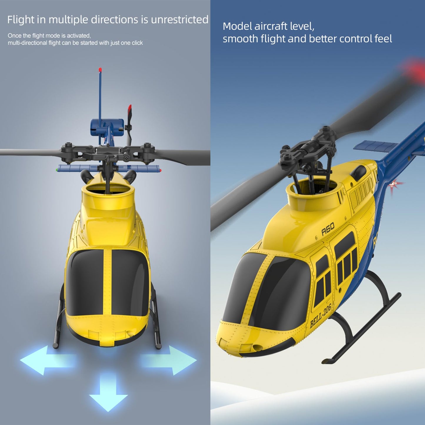 Ssccgym A60 206 Remote Controlled Helicopter Aircraft Plane 4CH RC Heli Aileronless 1/42 Scale 6-Axis Gyroscope Altitude Hovering Optical Flow Position 2Batteries for Adults Beginners/Grey