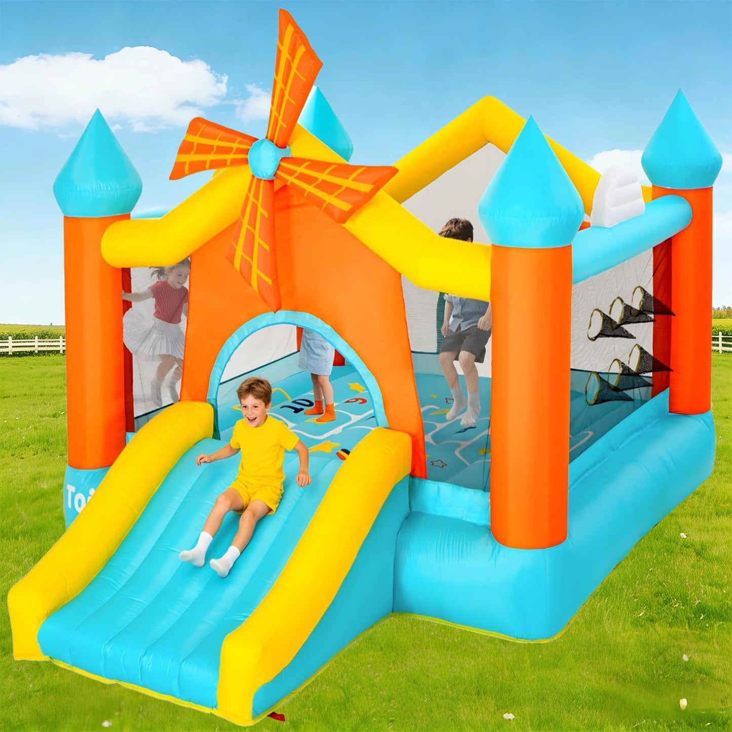 Bounce House for Big Kids 5-10, Large 12.5 × 10FT Windmill Inflatable Bouncy Castle, with Slide & Dual Basketball Hoops & Spacious Jump Area, Outdoor Backyard Birthday Party, with 550W Blower