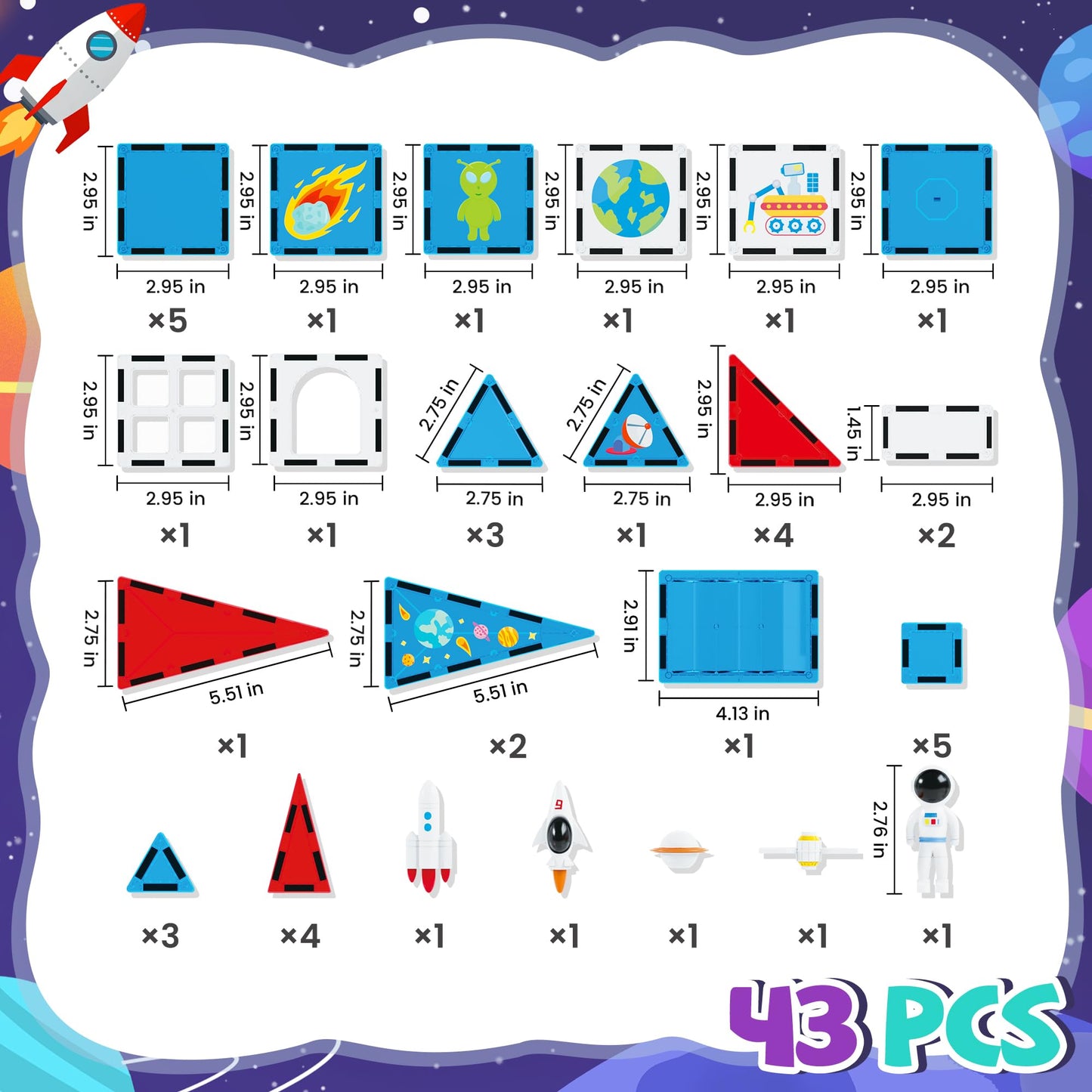 cossy Magnetic Tiles Space Set, Magnet Tiles with Astronaut, Magnetic Tiles for Kids Ages 4-8, STEM Toys, Toys for 3 4 5 6 7 8 Year Old Boy and Girl, Creative Building Toys, Space