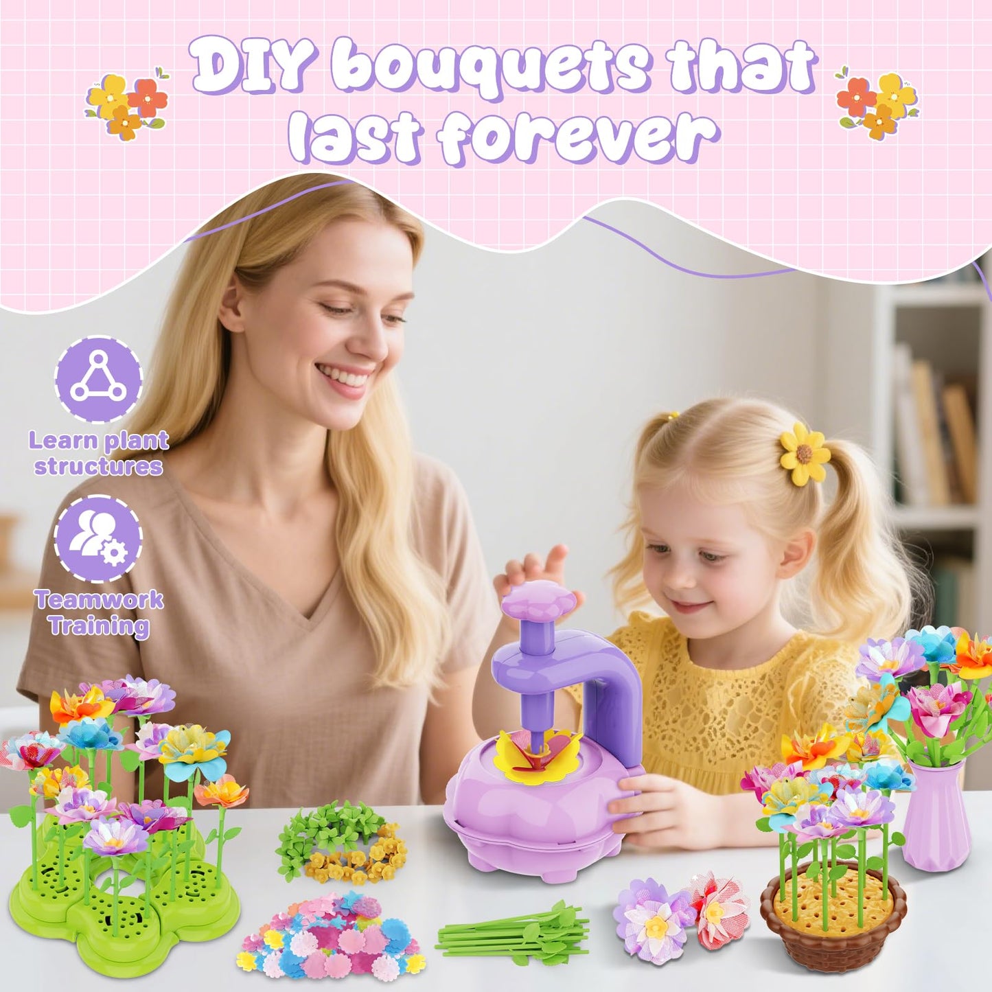 FUNZBO Girls Toys - Flower Bouquet Craft Kits, DIY Arts and Crafts for Kids 4-6-8, Flowers Making Toys for Kid Toddler, Birthday Gifts for 3 4 5 6 7 8 9 10 11 12 Year Old Girl