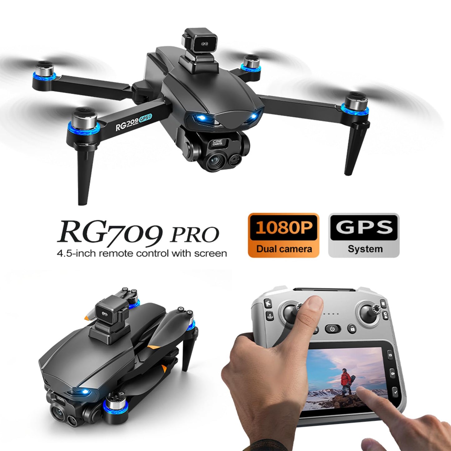 QQCHGOL GPS Drone with 2 Wide-Angle Camera 4K for Adult Beginner,5" Screen Control,360° Obstacle Laser Avoidance,45 Min Flight , FPV Drone with 2-Axis Gimbal,Auto Return,Follow Me, Circle Fly,BL Motor,2 Batteries