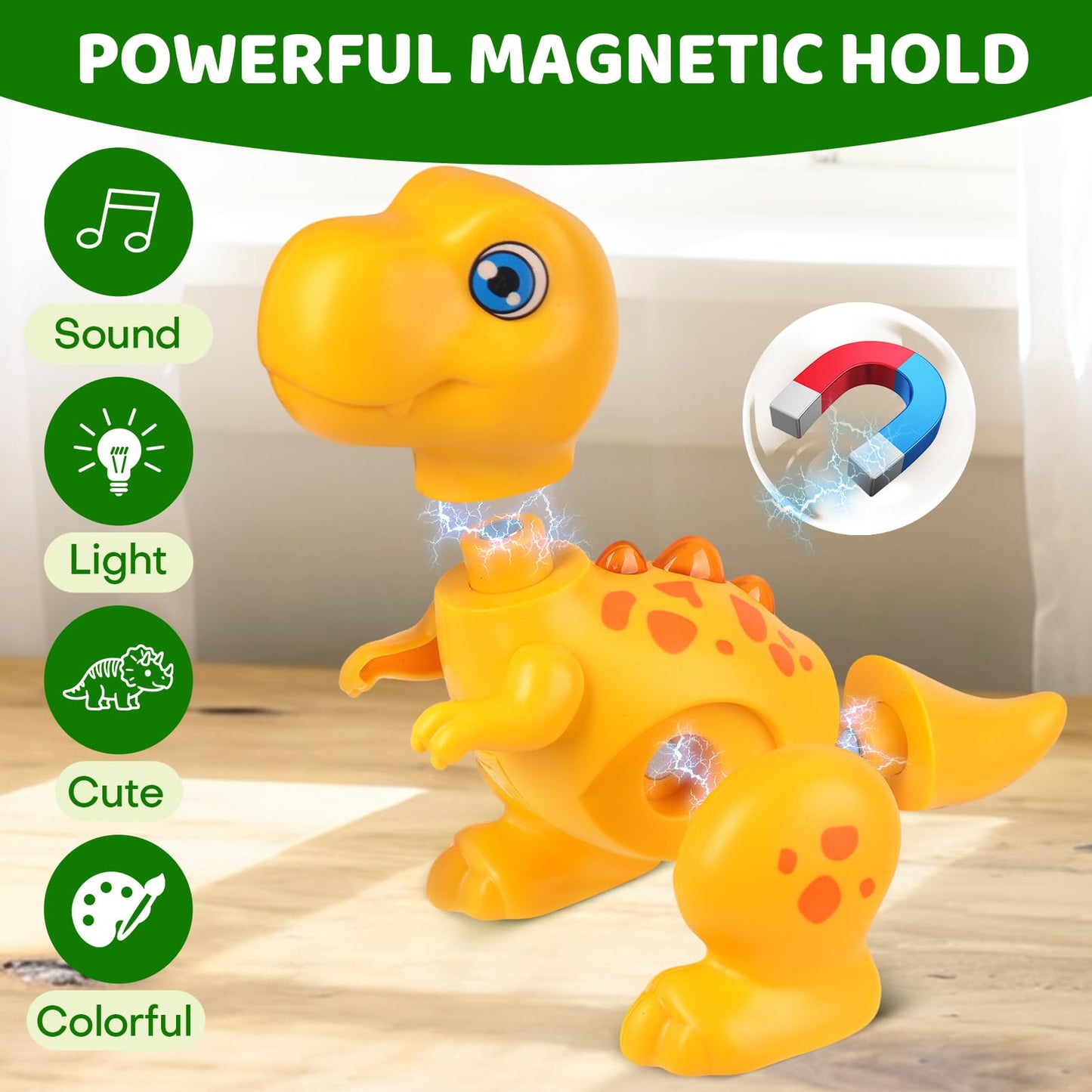 HOPANDOS Magnetic Dinosaur Toy Set for Kids - Assembly Dino Toys with Light & Music, Take Apart Building Set for Toddlers 3-5, Sensory STEM Educational Baby Toy, Birthday Gift for Boys Girls 1-3