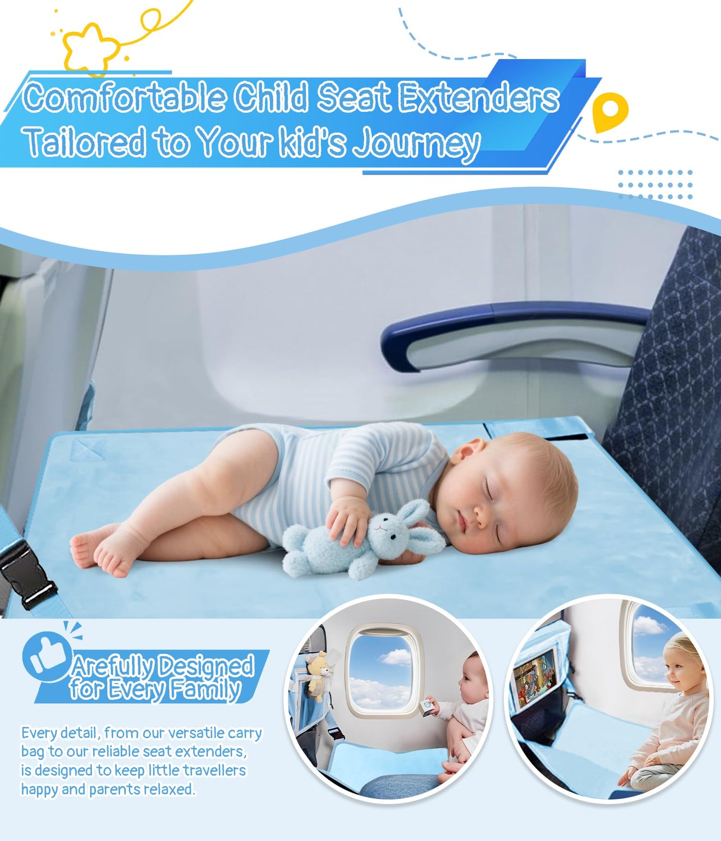 Toddler Airplane Bed, Toddler Travel Bed Airplane Seat Extender for Kids, Plane Tray Cover with Built-in Holder, Baby Travel Essentials for Flying, Portable Plane Footrest for Kids Blue